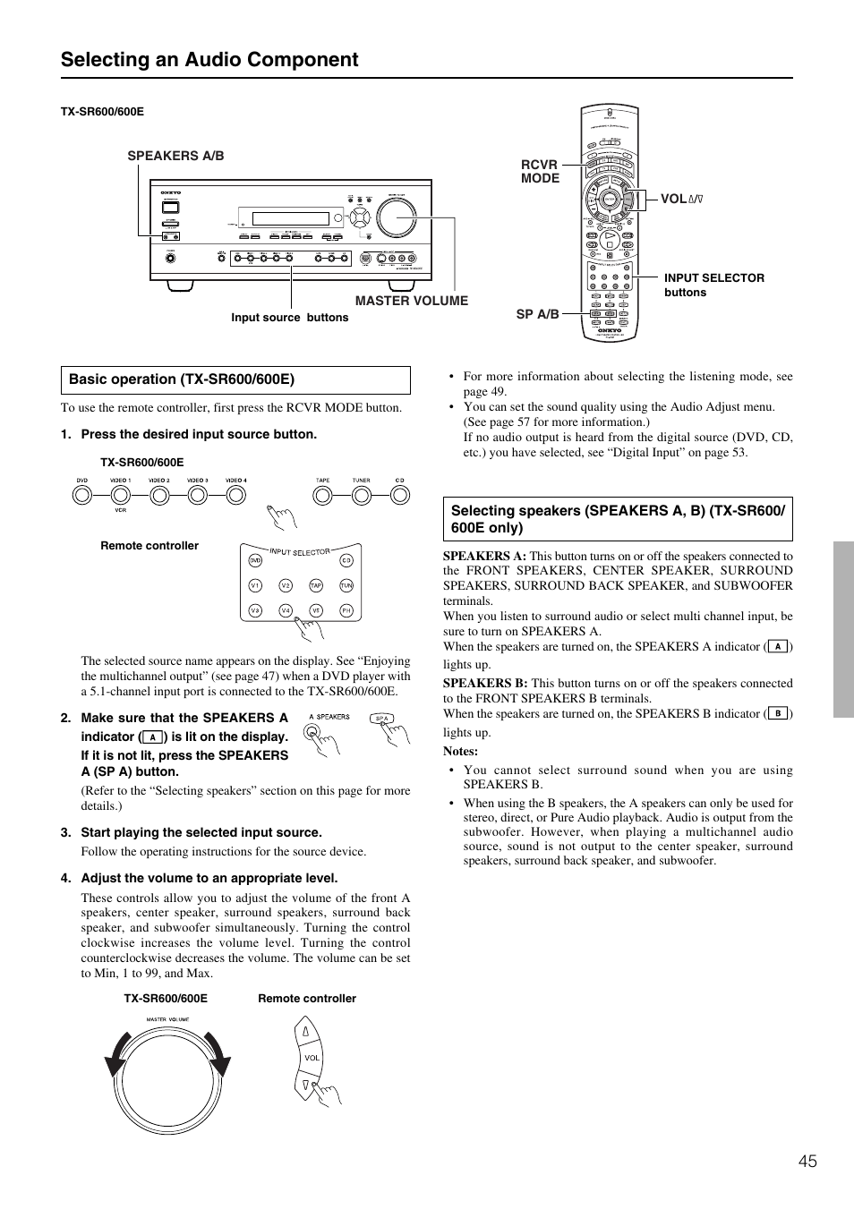 Selecting an audio component | Onkyo TX-SR600 User Manual | Page 45 / 80