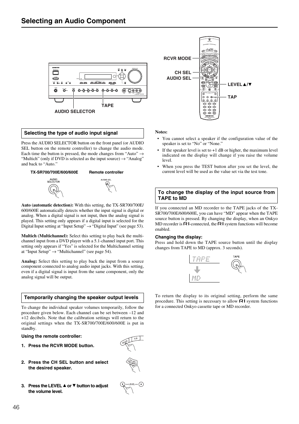 Selecting an audio component | Onkyo TX-SR600 User Manual | Page 46 / 80