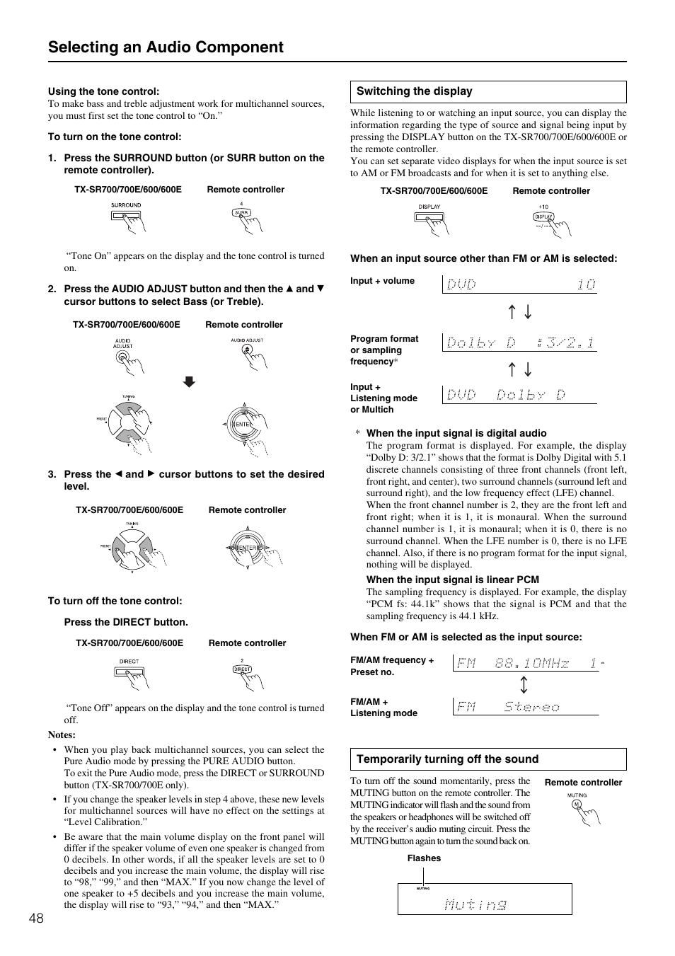 Selecting an audio component | Onkyo TX-SR600 User Manual | Page 48 / 80