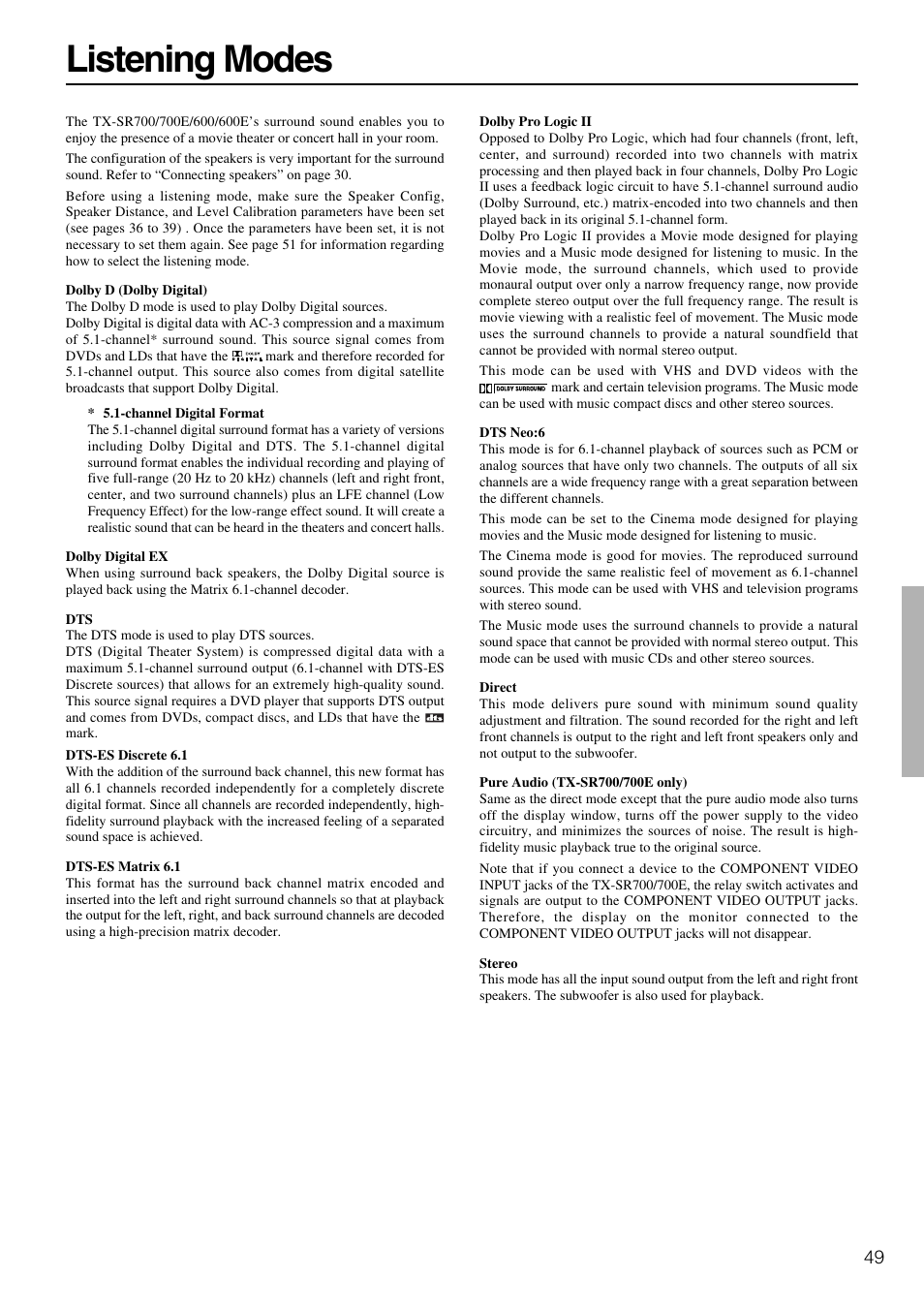 Listening modes | Onkyo TX-SR600 User Manual | Page 49 / 80