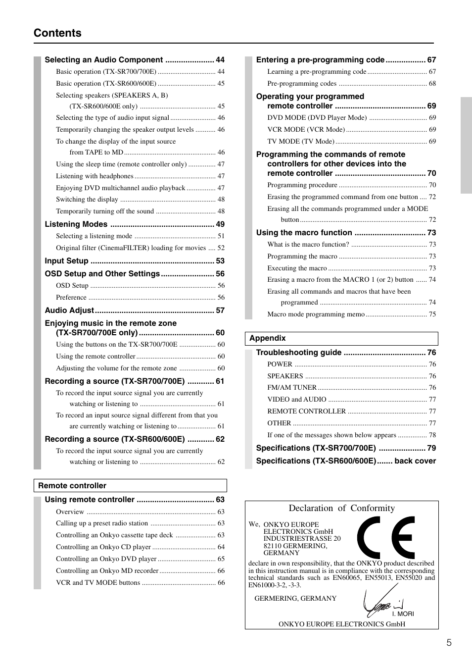 Onkyo TX-SR600 User Manual | Page 5 / 80
