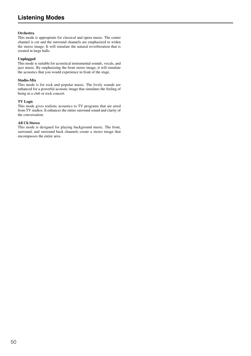 Listening modes | Onkyo TX-SR600 User Manual | Page 50 / 80