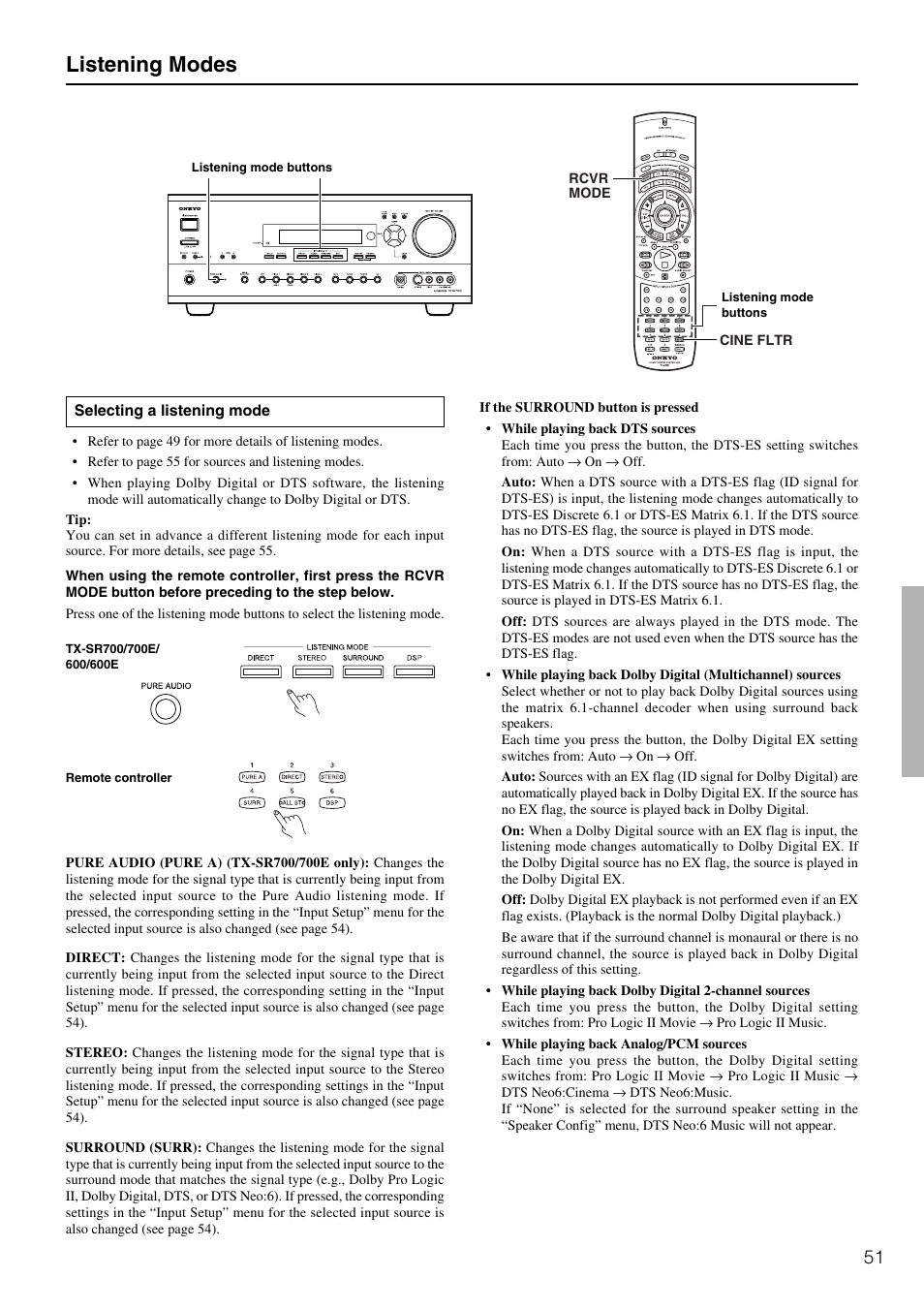 Listening modes | Onkyo TX-SR600 User Manual | Page 51 / 80