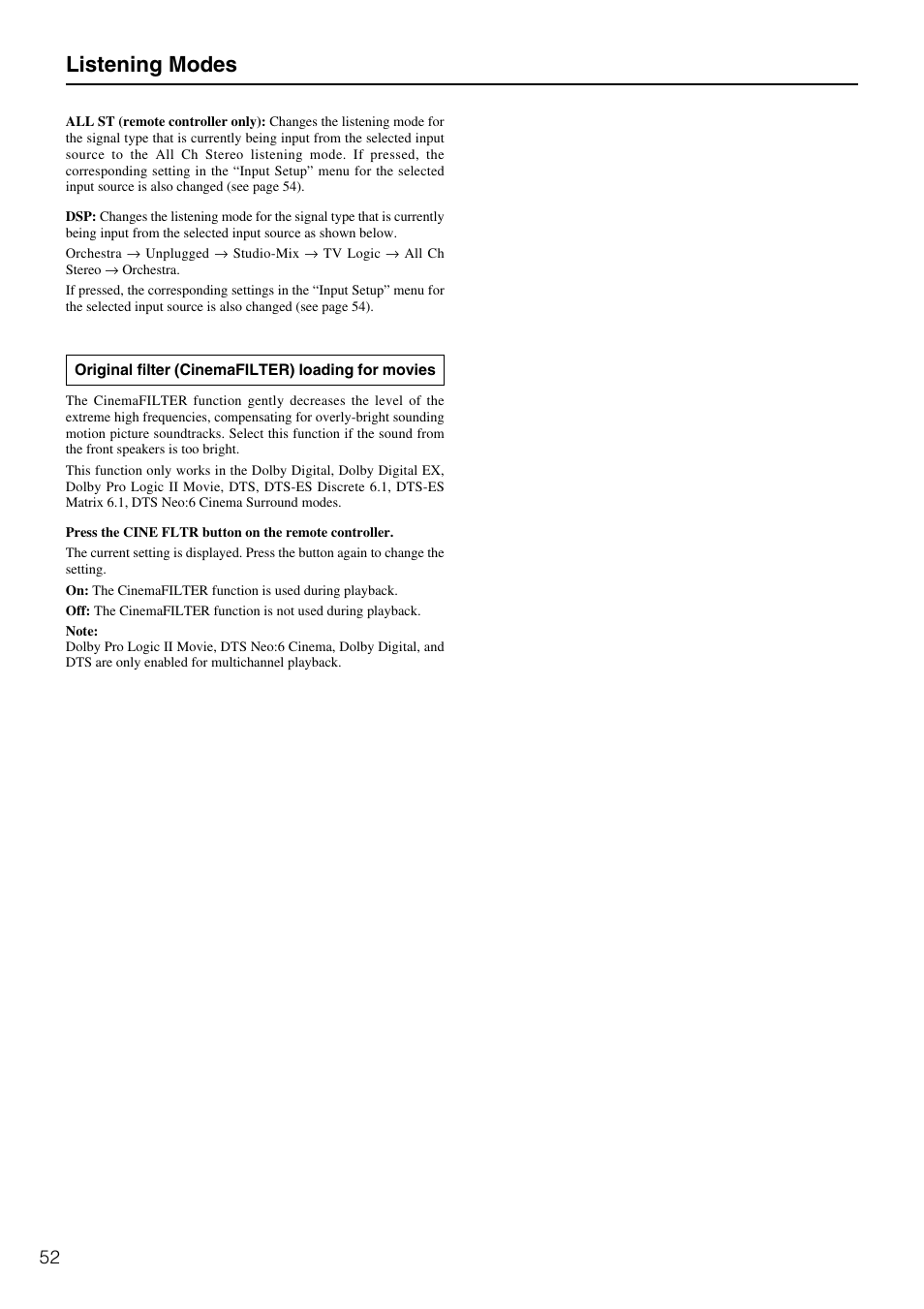 Listening modes | Onkyo TX-SR600 User Manual | Page 52 / 80
