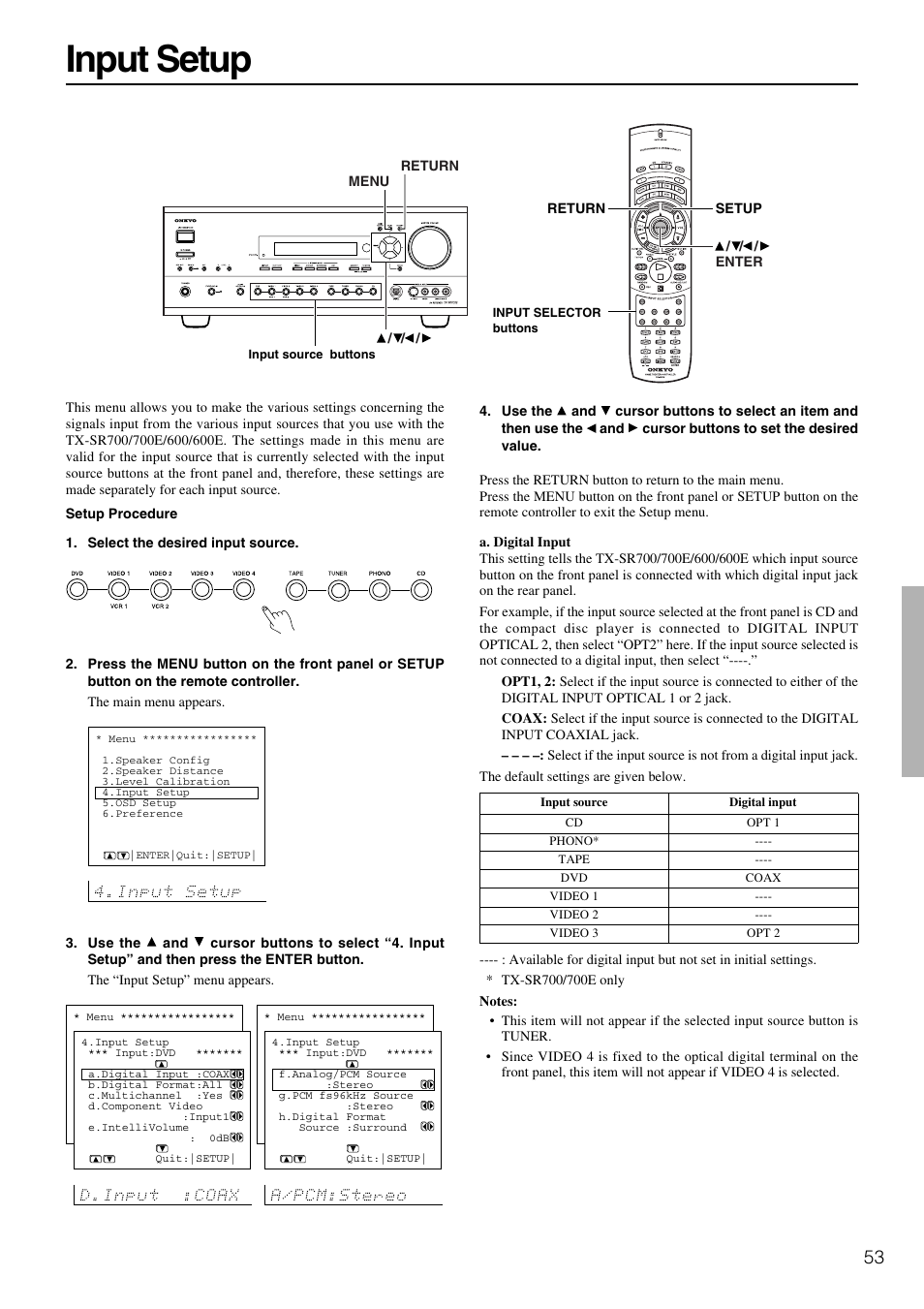 Input setup | Onkyo TX-SR600 User Manual | Page 53 / 80