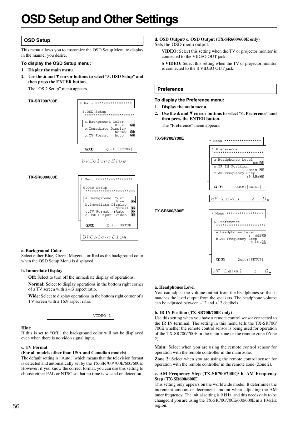 Osd setup and other settings | Onkyo TX-SR600 User Manual | Page 56 / 80