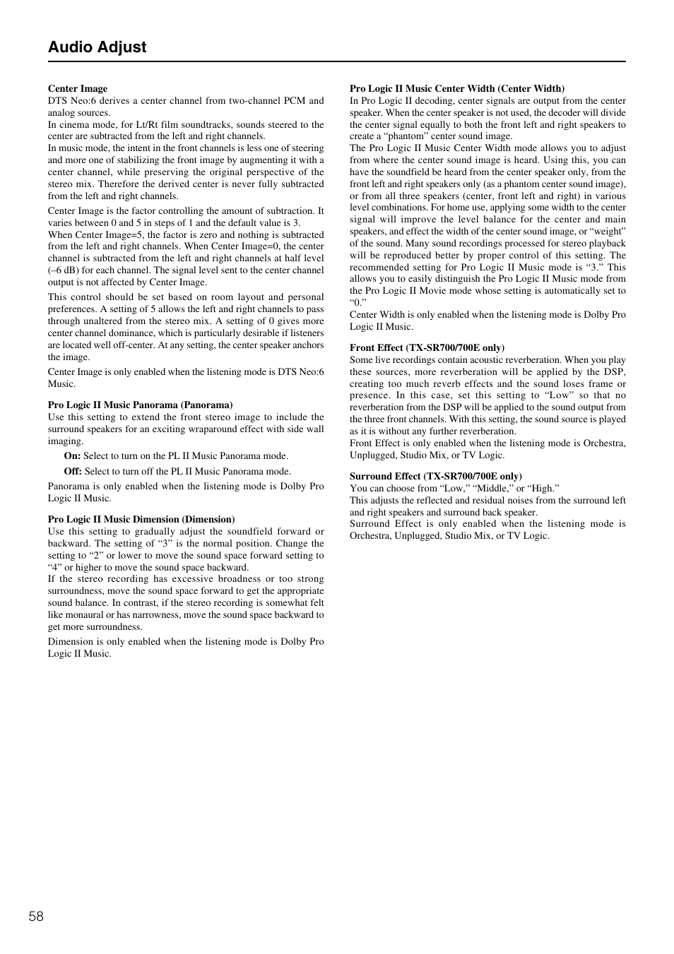 Audio adjust | Onkyo TX-SR600 User Manual | Page 58 / 80