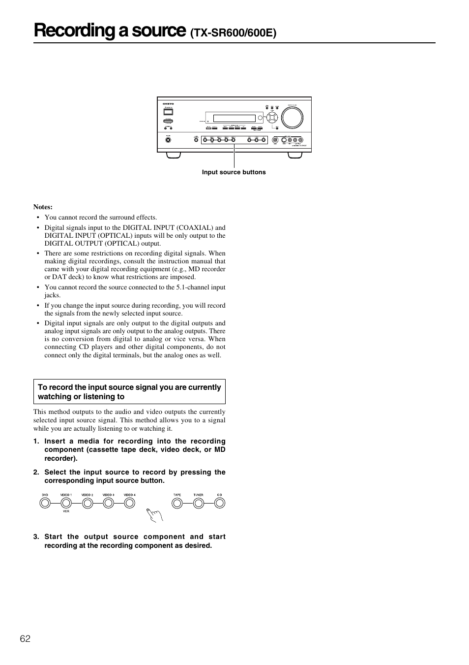 Recording a source | Onkyo TX-SR600 User Manual | Page 62 / 80