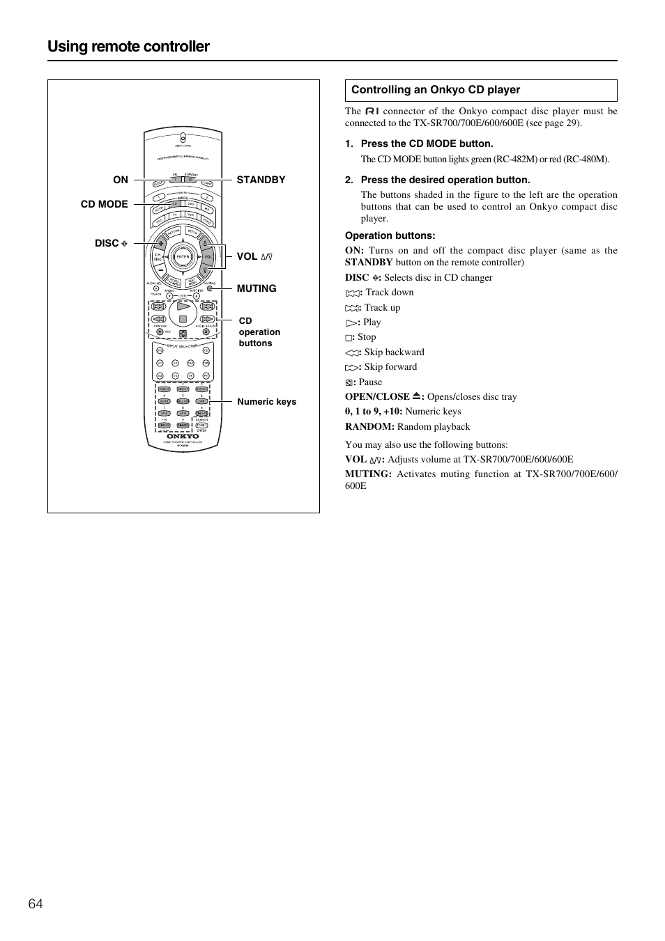 Using remote controller | Onkyo TX-SR600 User Manual | Page 64 / 80