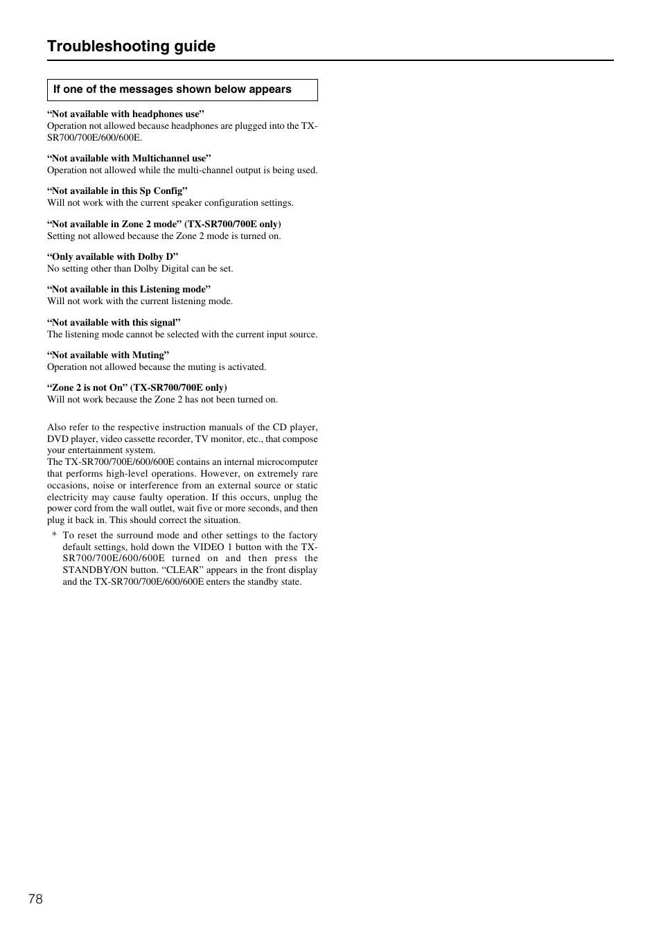Troubleshooting guide | Onkyo TX-SR600 User Manual | Page 78 / 80