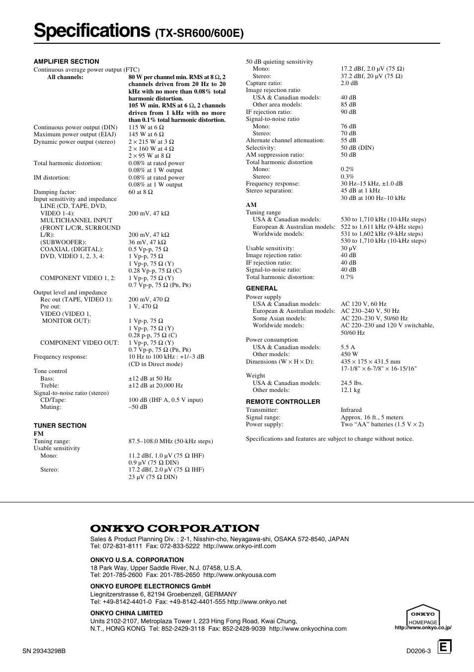 Specifications | Onkyo TX-SR600 User Manual | Page 80 / 80