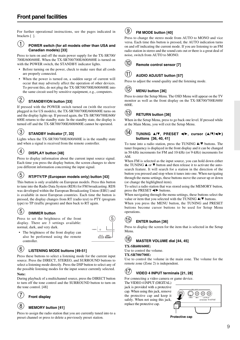 Front panel facilities | Onkyo TX-SR600 User Manual | Page 9 / 80
