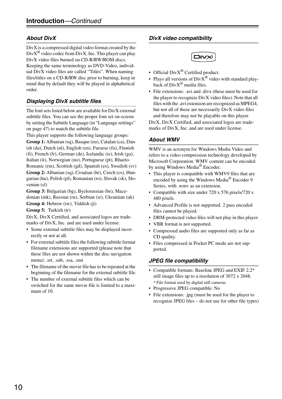 Introduction —continued | Onkyo DV-SP405 User Manual | Page 10 / 64