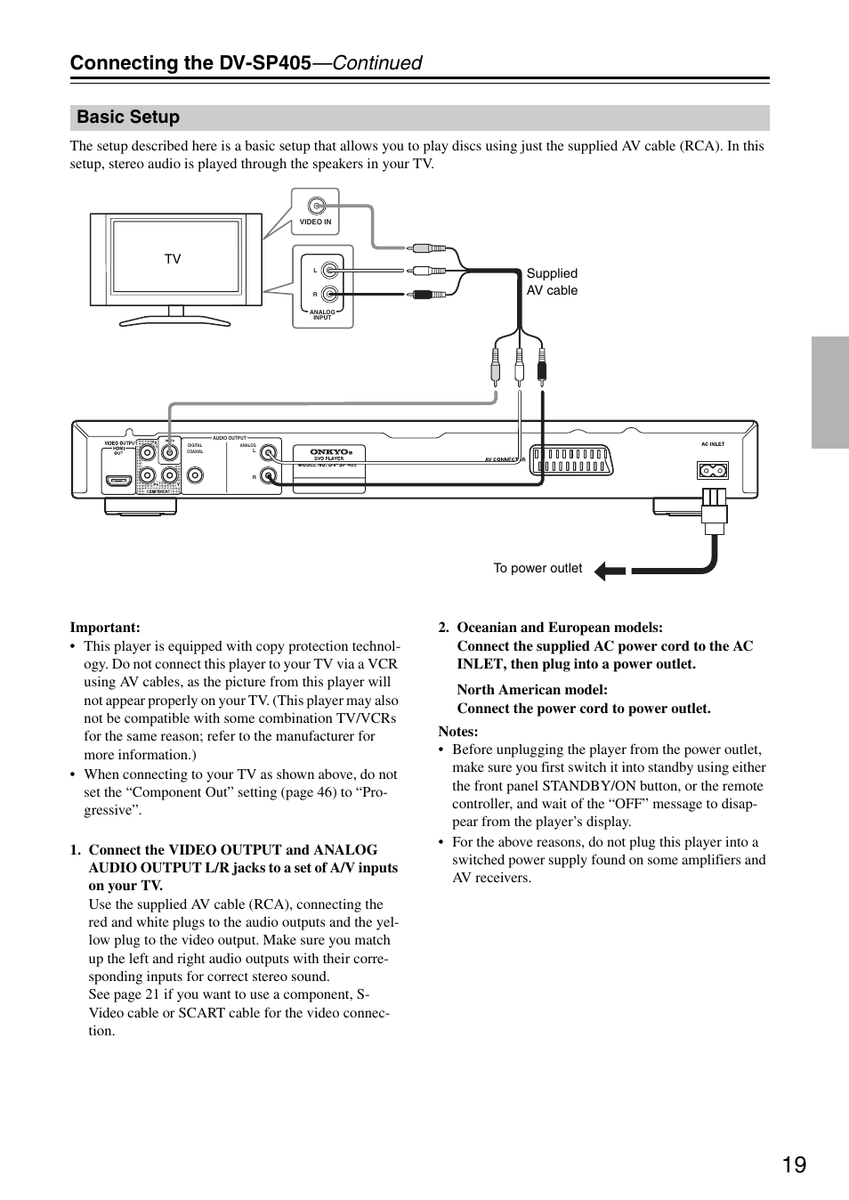 Connecting the dv-sp405 —continued, Basic setup | Onkyo DV-SP405 User Manual | Page 19 / 64