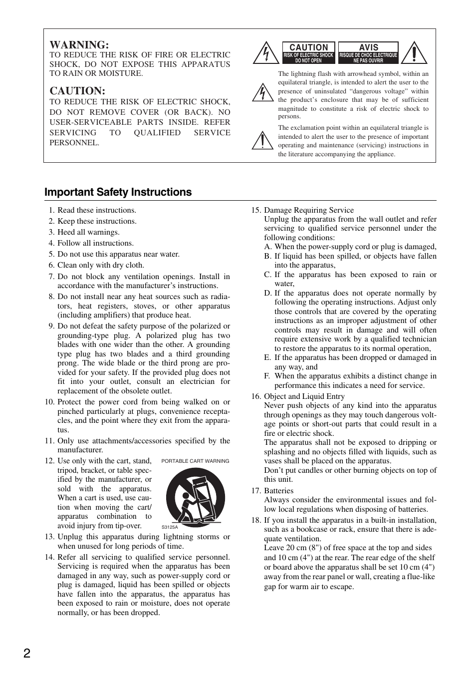 Important safety instructions, Warning, Caution | Onkyo DV-SP405 User Manual | Page 2 / 64