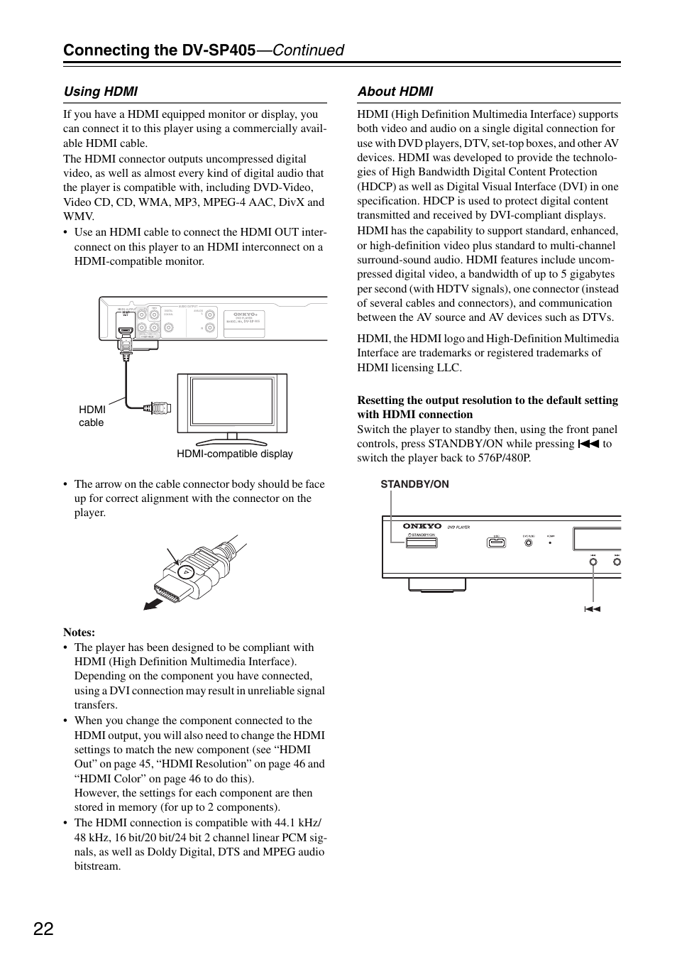 Connecting the dv-sp405 —continued, Using hdmi, About hdmi | Onkyo DV-SP405 User Manual | Page 22 / 64