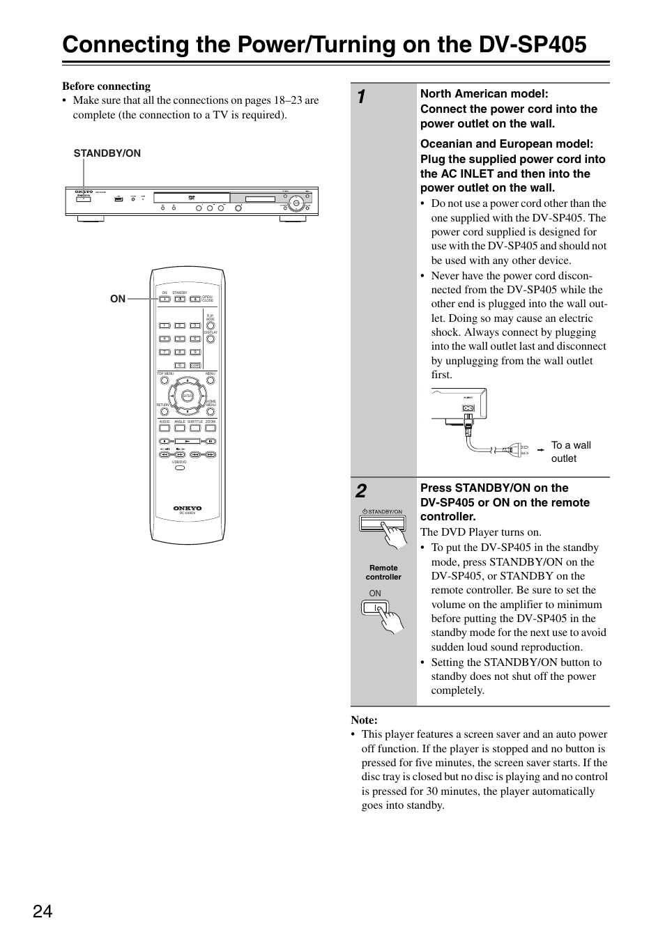 Connecting the power/turning on the dv-sp405, Standby/on | Onkyo DV-SP405 User Manual | Page 24 / 64