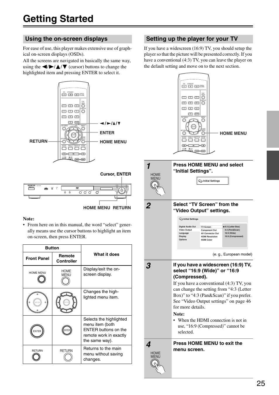 Getting started, Using the on-screen displays, Setting up the player for your tv | Press home menu and select “initial settings, Press home menu to exit the menu screen, Home menu | Onkyo DV-SP405 User Manual | Page 25 / 64