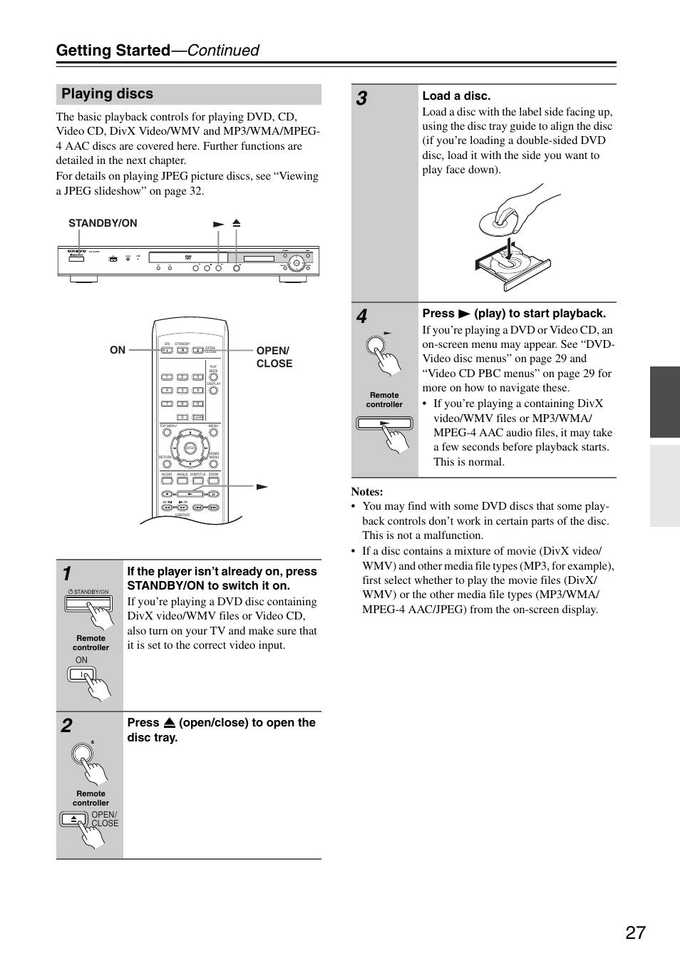 Getting started —continued, Playing discs, Press (open/close) to open the disc tray | Onkyo DV-SP405 User Manual | Page 27 / 64