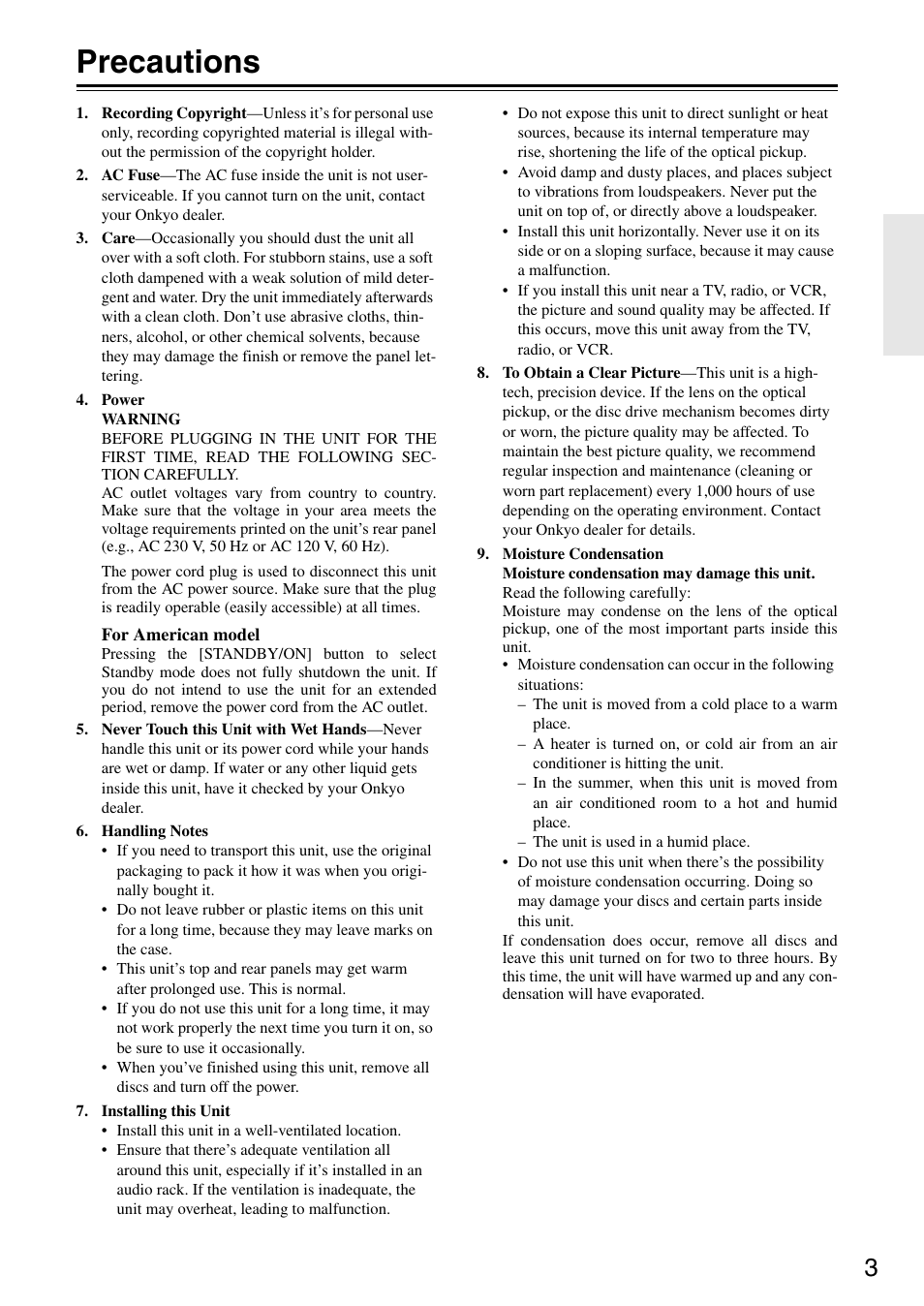 Precautions | Onkyo DV-SP405 User Manual | Page 3 / 64