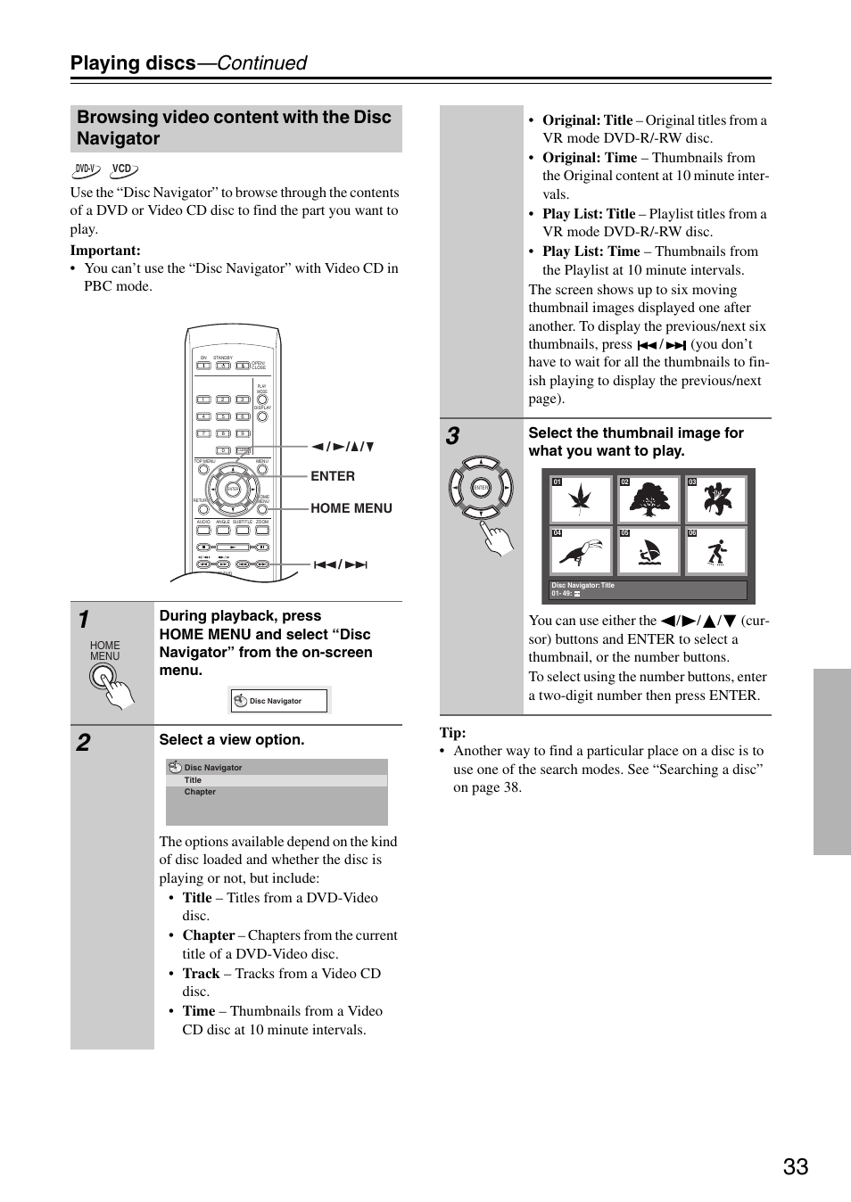 Playing discs —continued, Browsing video content with the disc navigator | Onkyo DV-SP405 User Manual | Page 33 / 64