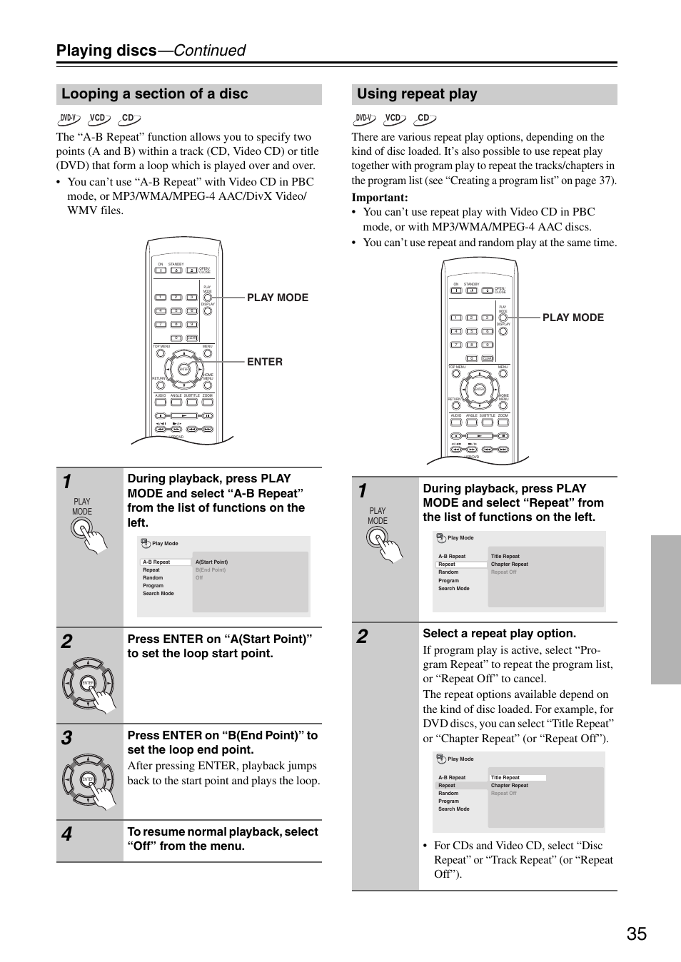 Playing discs —continued, Using repeat play, Enter play mode | Play mode | Onkyo DV-SP405 User Manual | Page 35 / 64