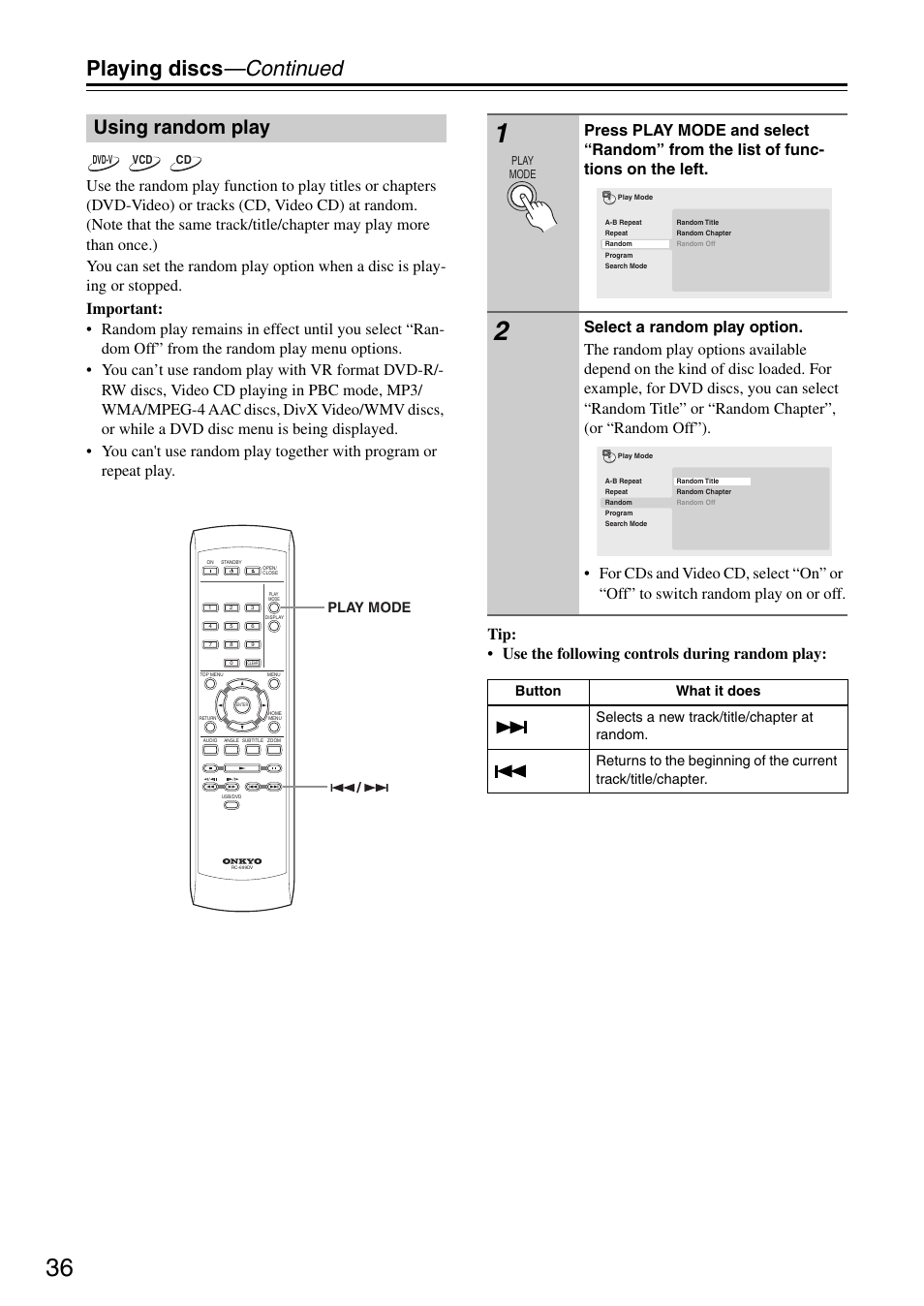 Playing discs —continued, Using random play, Play mode | Onkyo DV-SP405 User Manual | Page 36 / 64