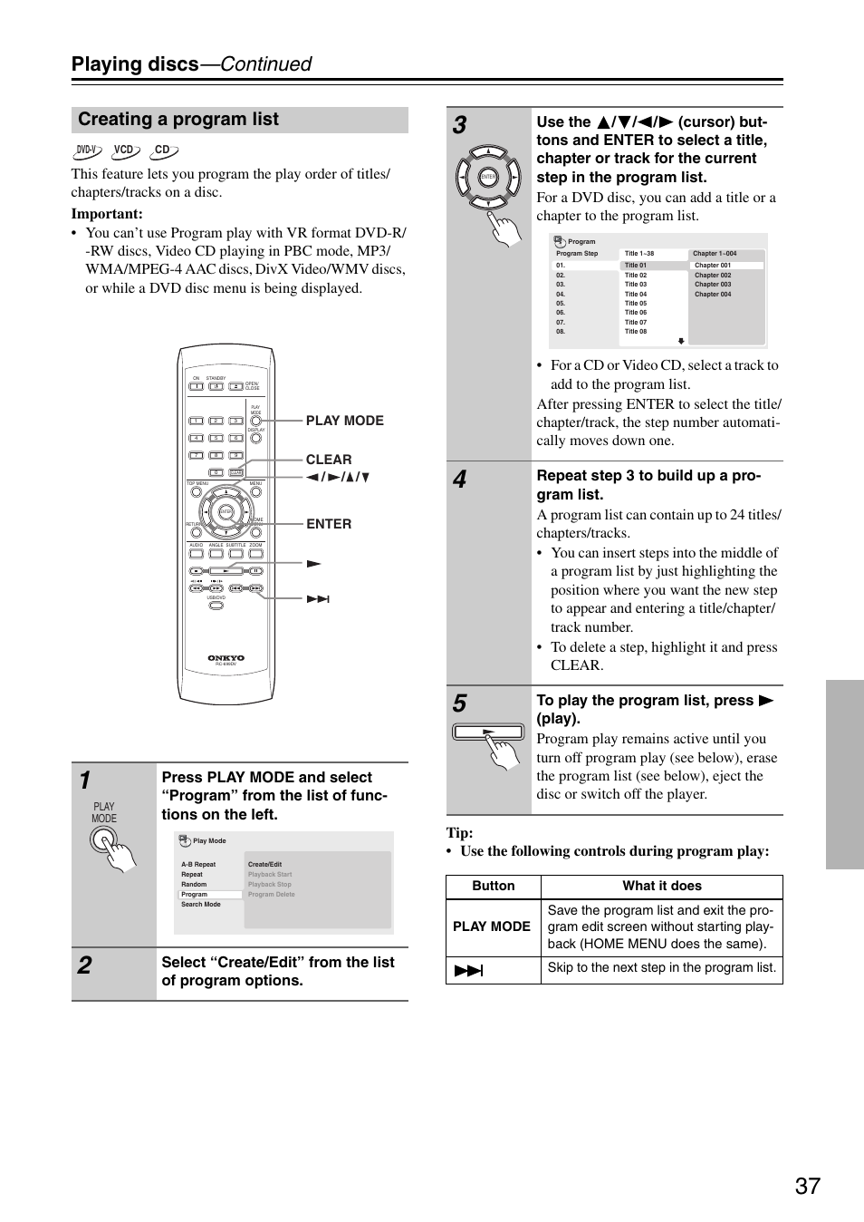 Playing discs —continued, Creating a program list | Onkyo DV-SP405 User Manual | Page 37 / 64