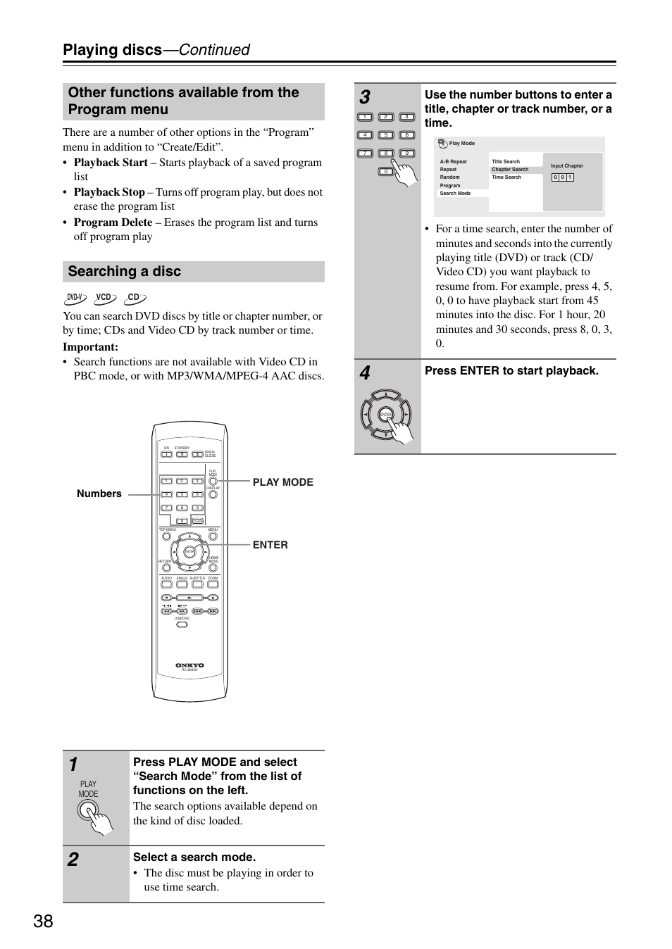 Playing discs —continued, Press enter to start playback, Play mode enter numbers | Onkyo DV-SP405 User Manual | Page 38 / 64