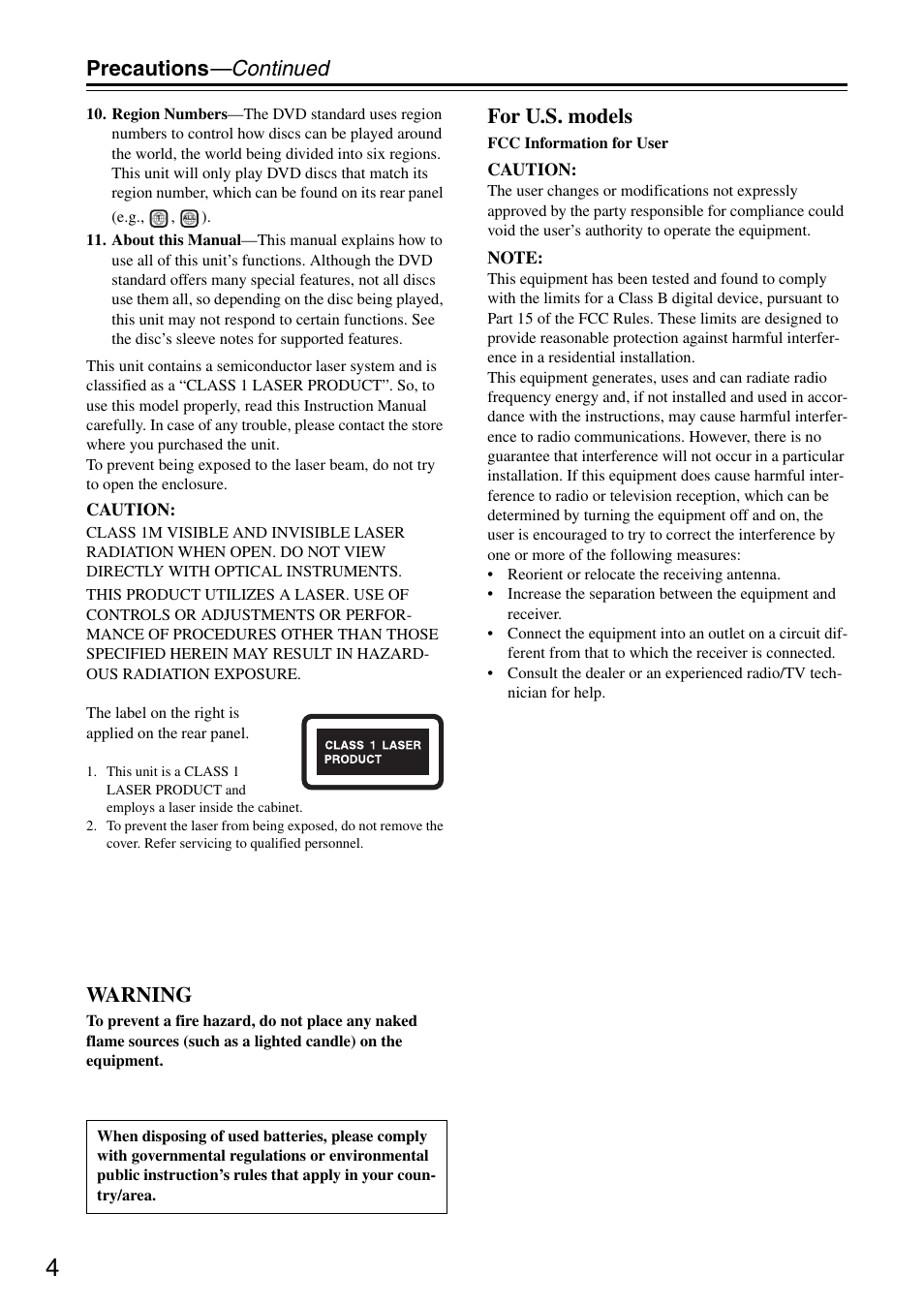 Precautions —continued, Warning, For u.s. models | Onkyo DV-SP405 User Manual | Page 4 / 64