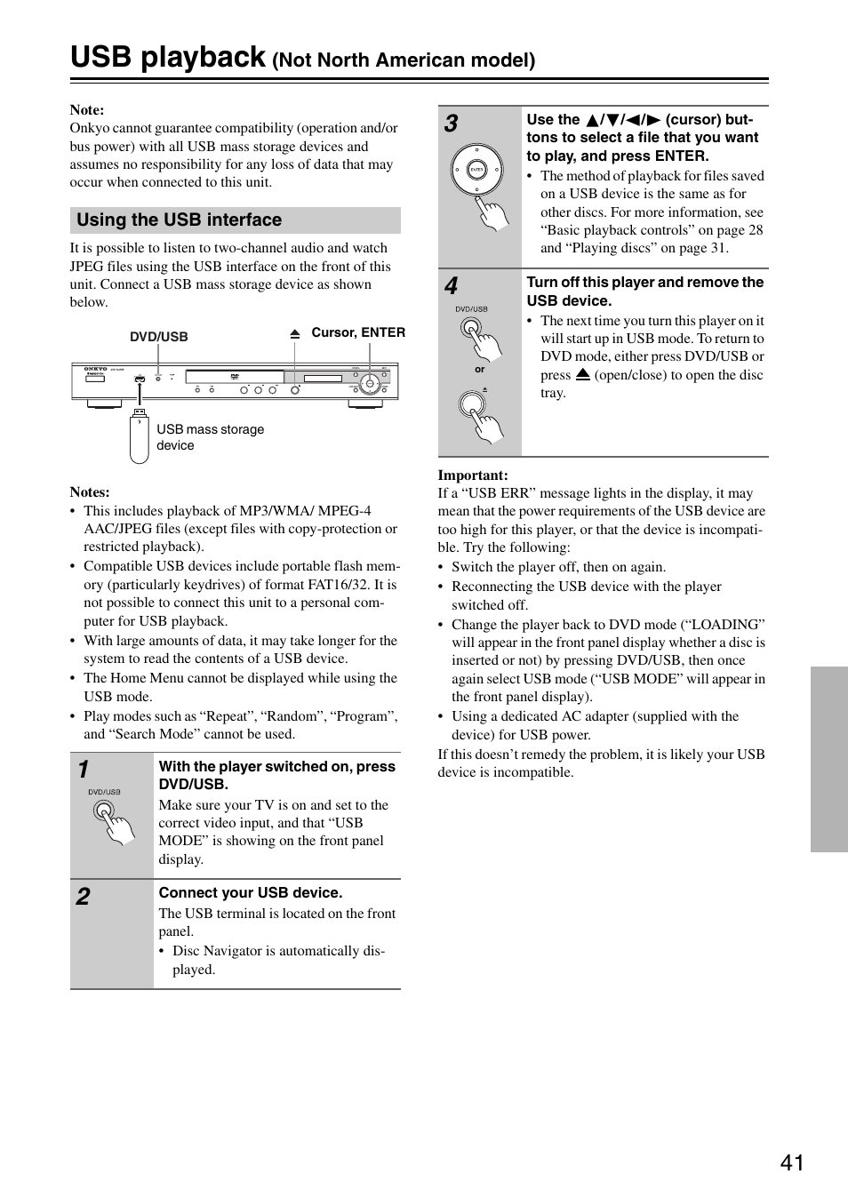 Usb playback, Not north american model) | Onkyo DV-SP405 User Manual | Page 41 / 64