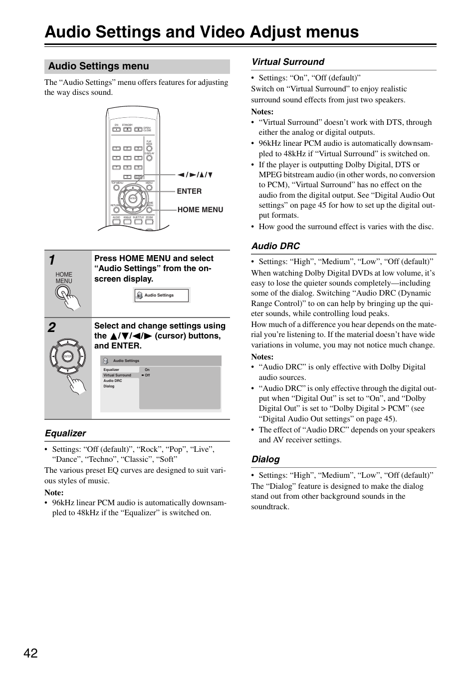 Audio settings and video adjust menus, Audio settings menu, Equalizer | Virtual surround, Audio drc, Dialog | Onkyo DV-SP405 User Manual | Page 42 / 64