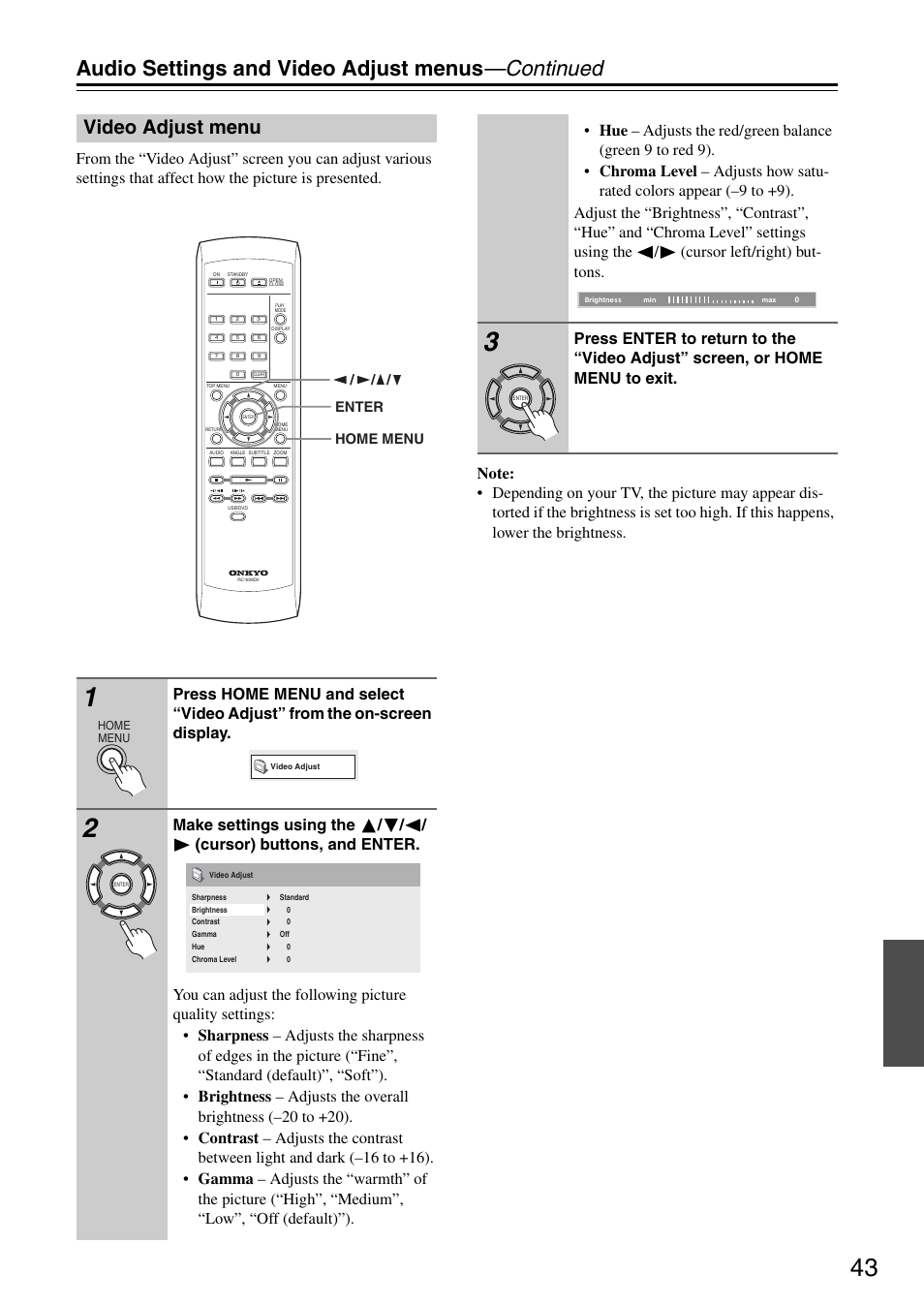 Audio settings and video adjust menus —continued, Video adjust menu | Onkyo DV-SP405 User Manual | Page 43 / 64