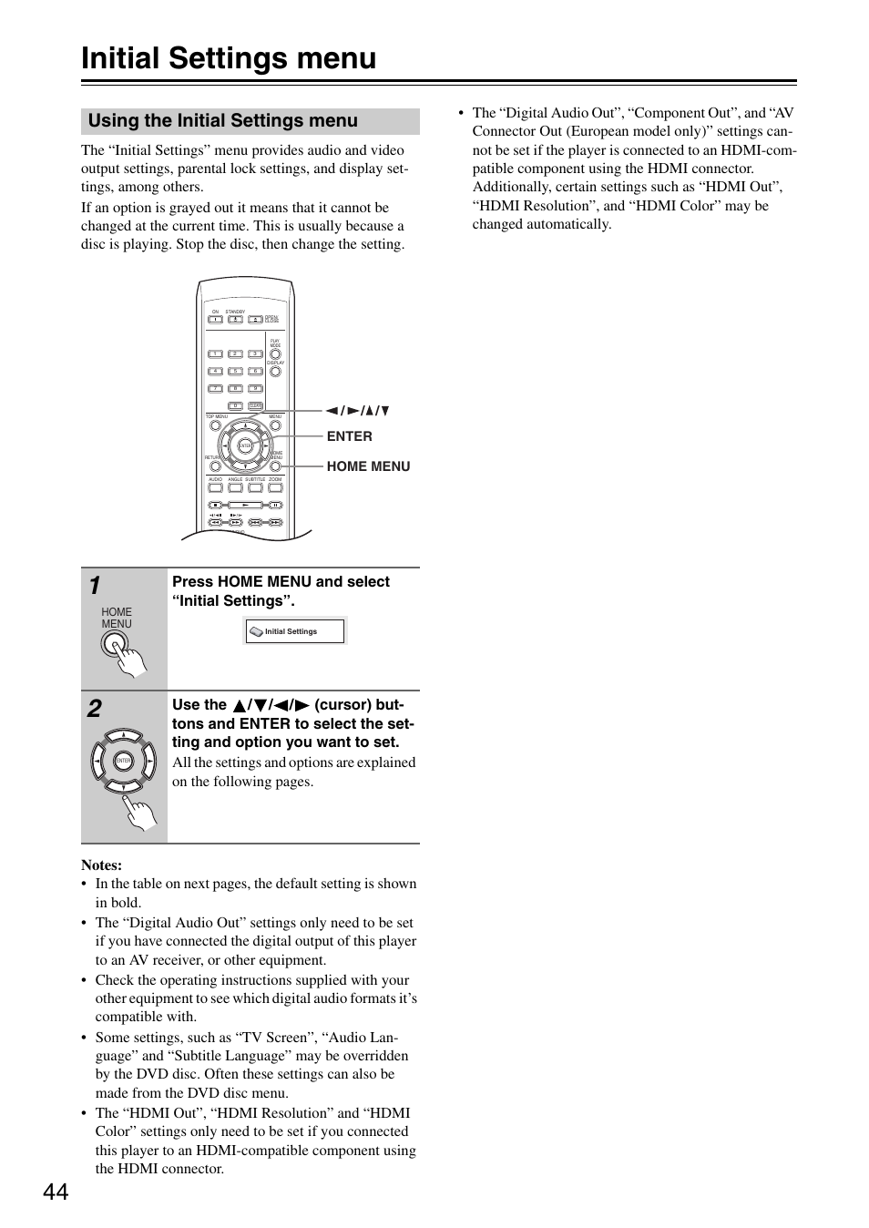 Initial settings menu, Using the initial settings menu, Press home menu and select “initial settings | Onkyo DV-SP405 User Manual | Page 44 / 64