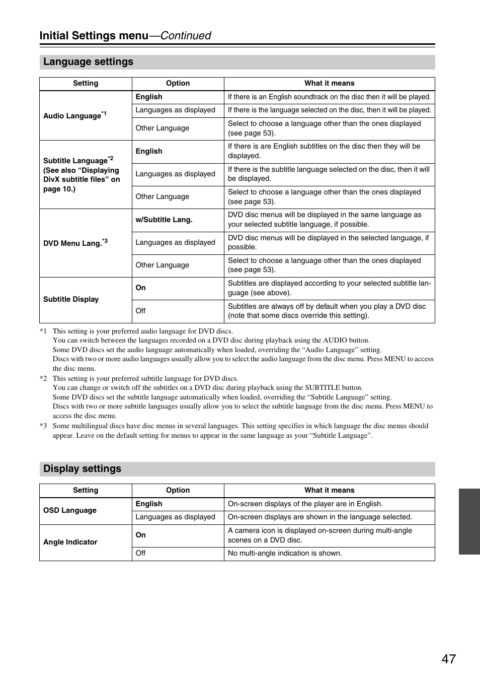 Initial settings menu —continued, Language settings, Display settings | Onkyo DV-SP405 User Manual | Page 47 / 64