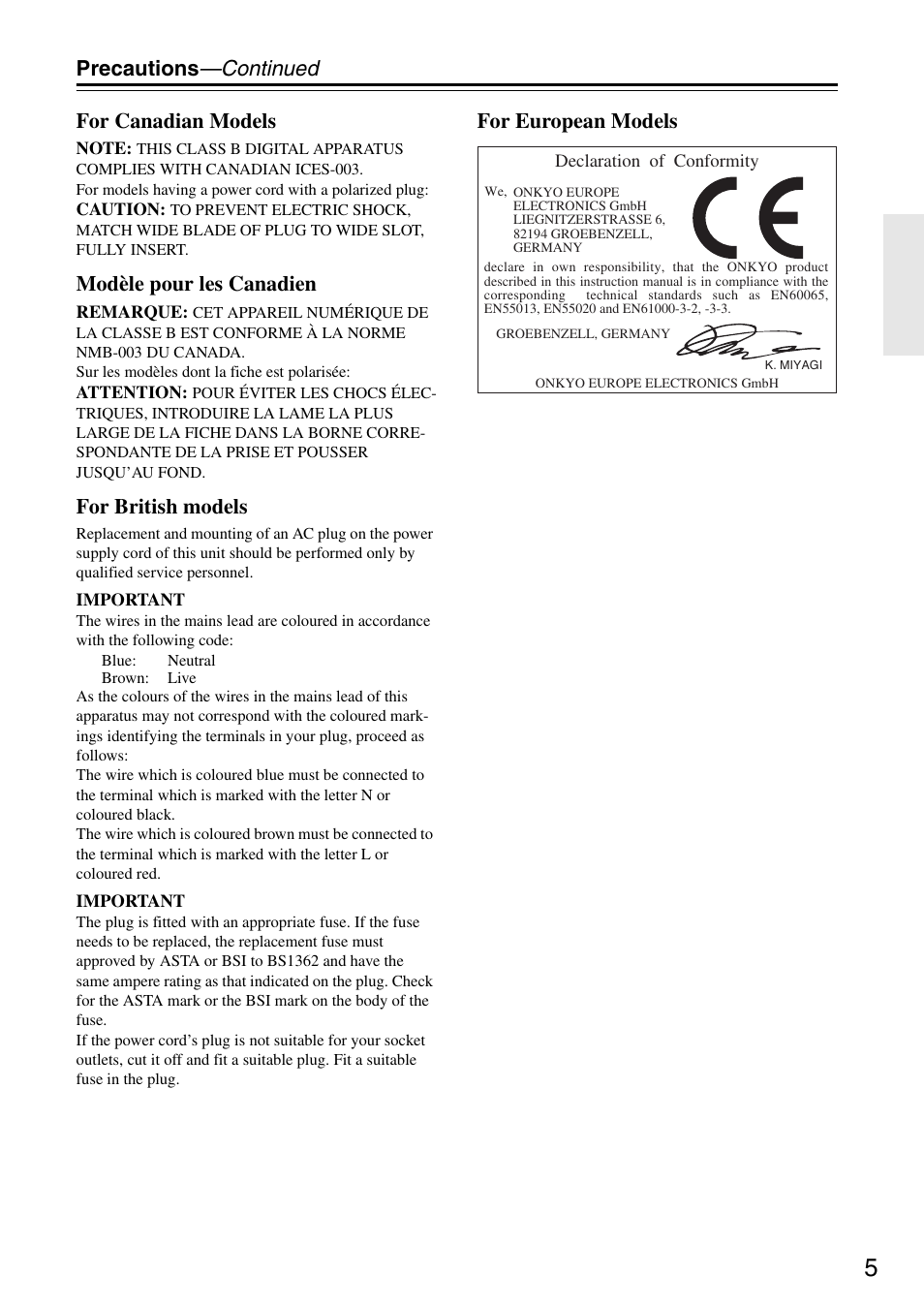 Precautions —continued for canadian models, Modèle pour les canadien, For british models | For european models | Onkyo DV-SP405 User Manual | Page 5 / 64