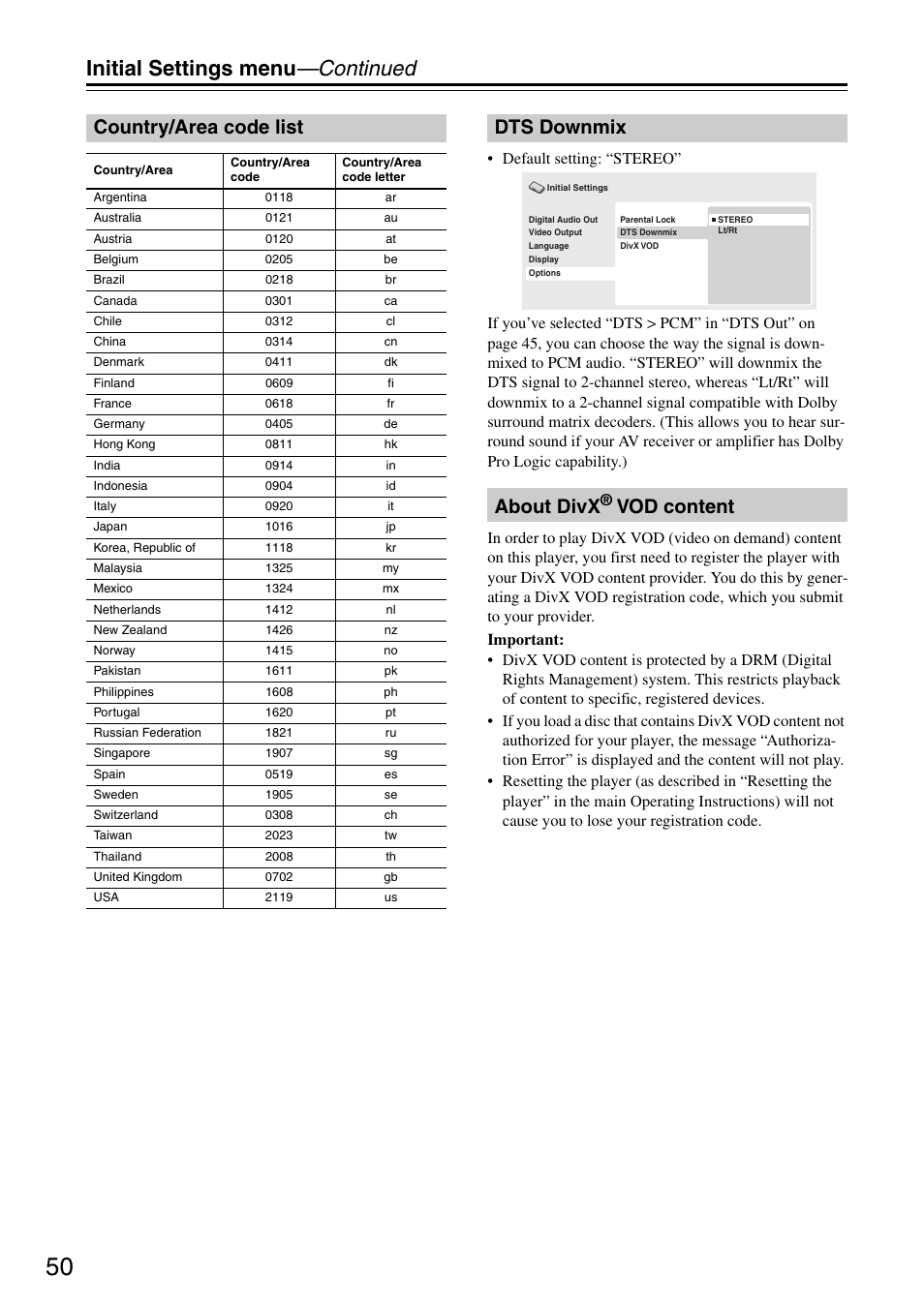 Initial settings menu —continued, Country/area code list, Dts downmix about divx | Vod content | Onkyo DV-SP405 User Manual | Page 50 / 64