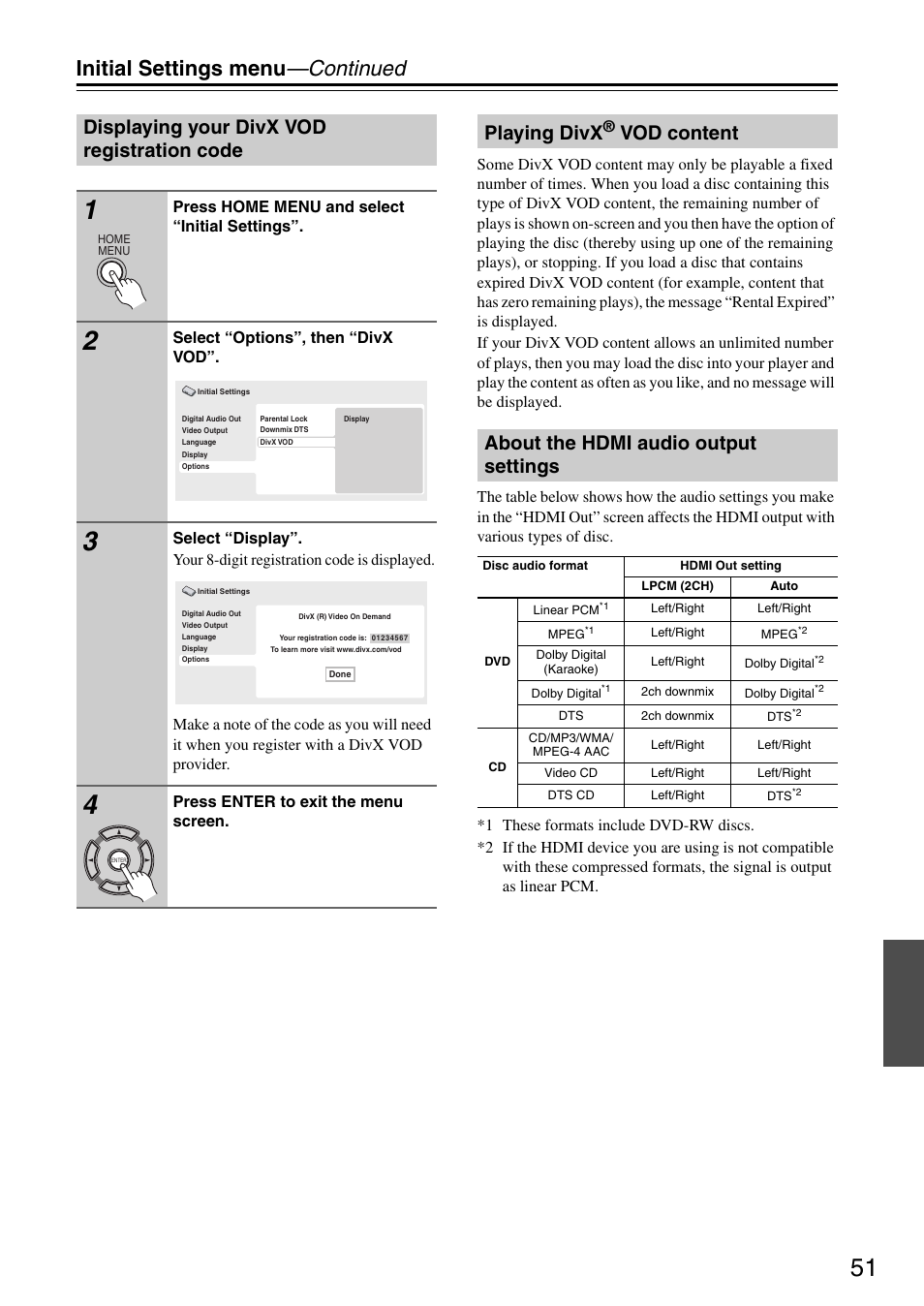 Initial settings menu —continued, Displaying your divx vod registration code, Playing divx | Vod content about the hdmi audio output settings, Press home menu and select “initial settings, Select “options”, then “divx vod, Press enter to exit the menu screen | Onkyo DV-SP405 User Manual | Page 51 / 64