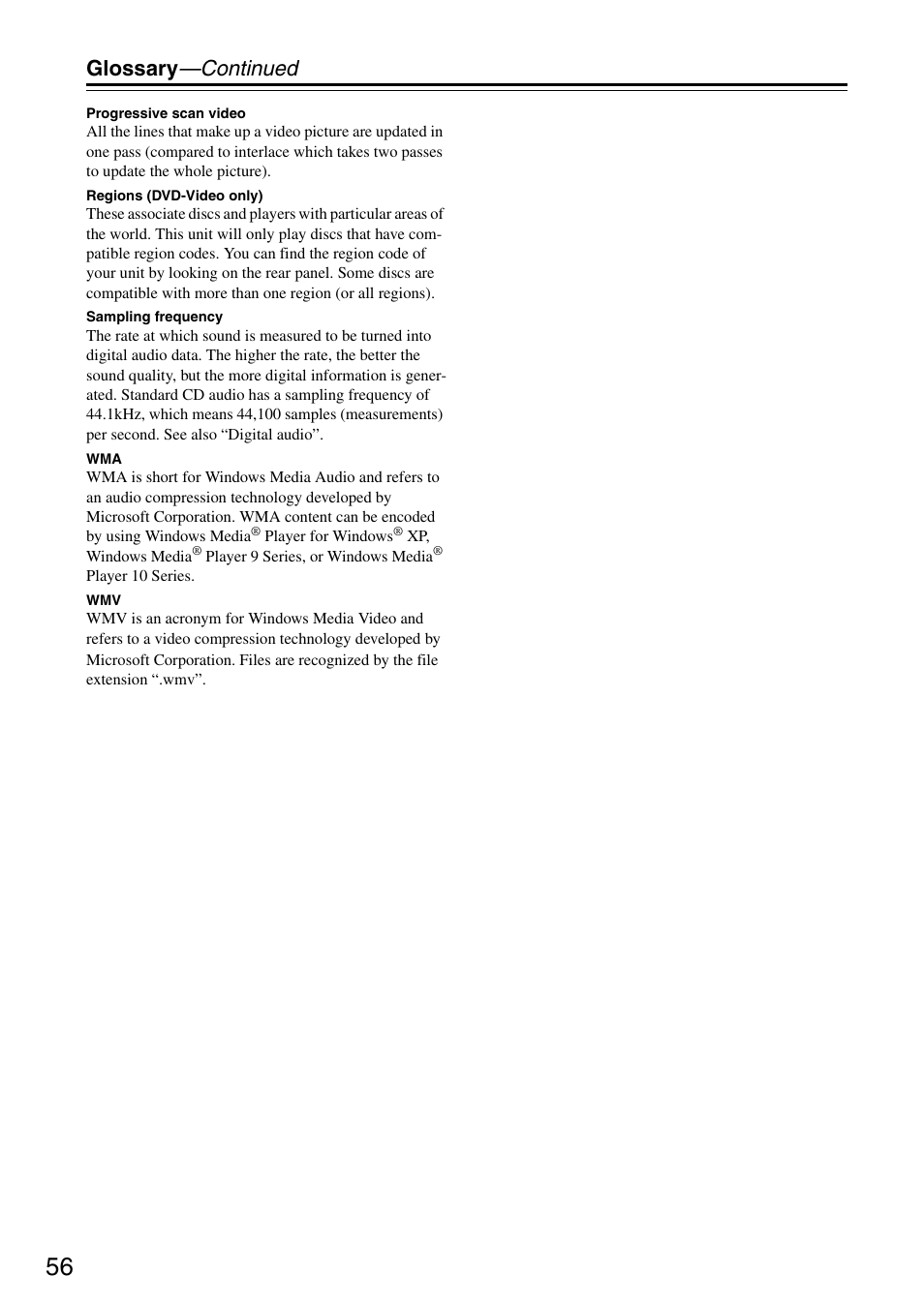 Glossary —continued | Onkyo DV-SP405 User Manual | Page 56 / 64