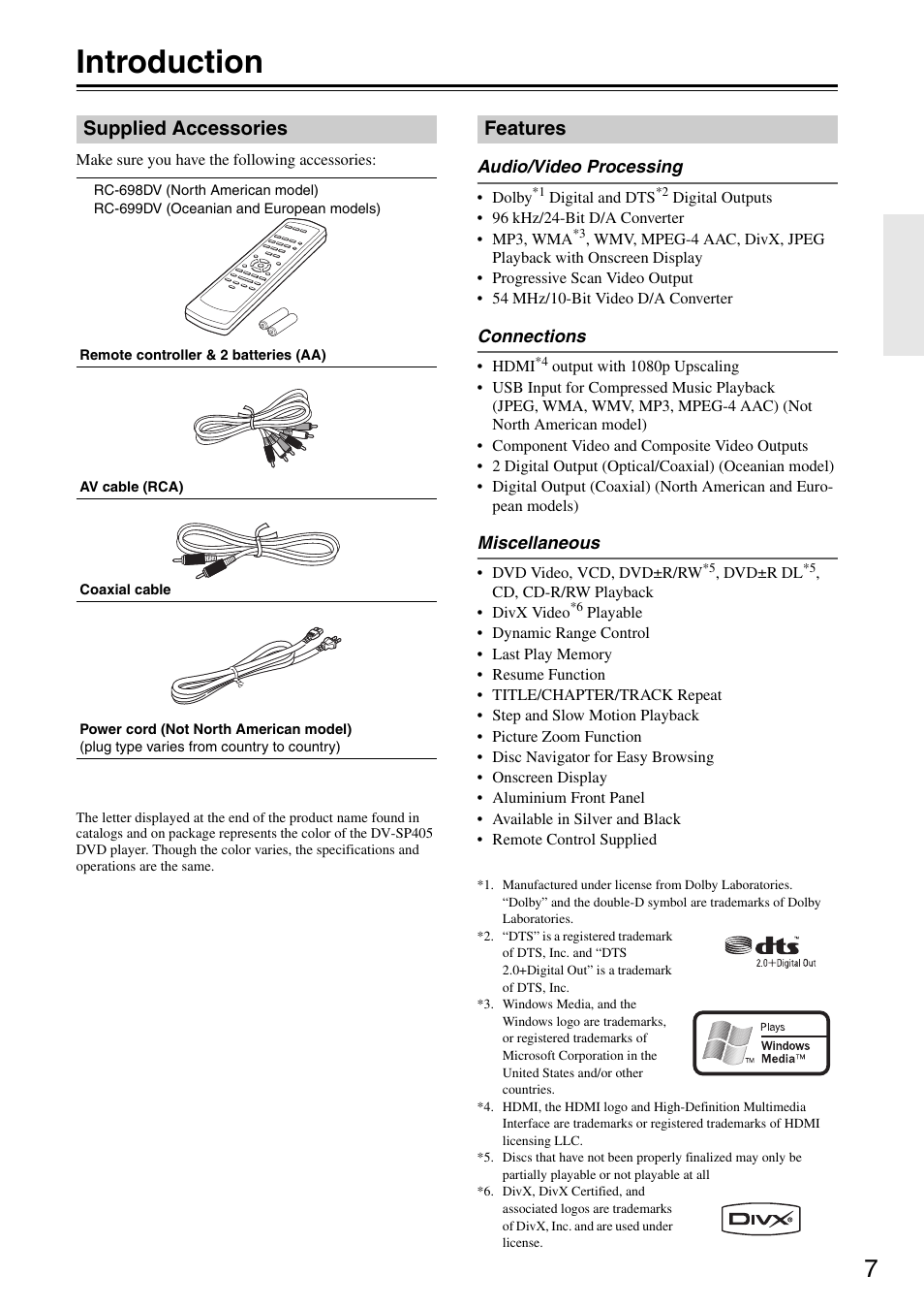 Introduction, Supplied accessories, Features | Onkyo DV-SP405 User Manual | Page 7 / 64