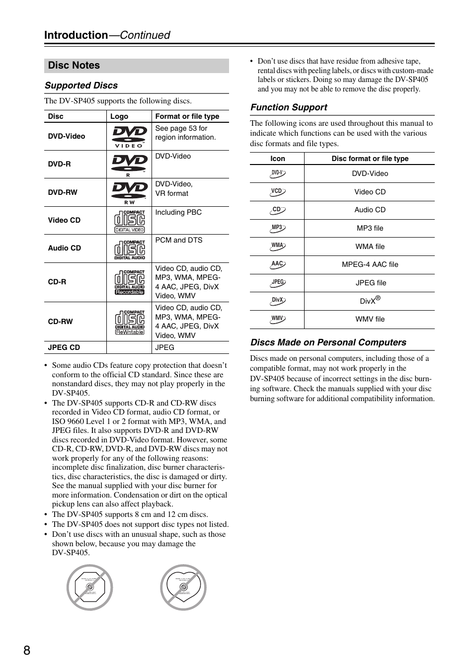 Introduction —continued | Onkyo DV-SP405 User Manual | Page 8 / 64