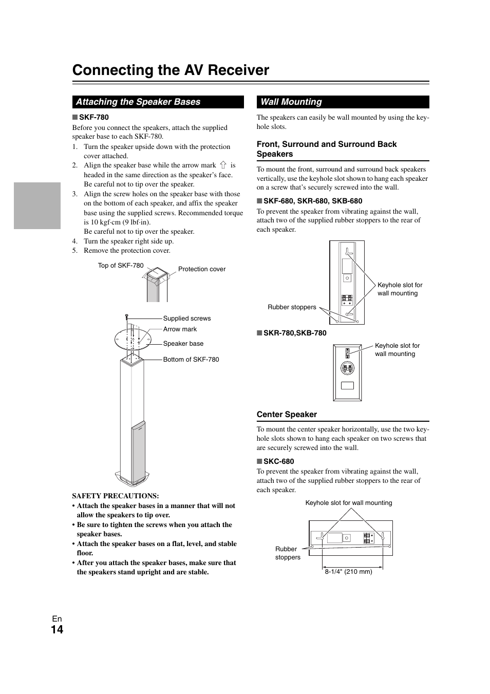 Connections, Connecting the av receiver, See “connecting the av receiver” for | See “wall mounting” for, Tions | Onkyo HT-S7300 User Manual | Page 14 / 76