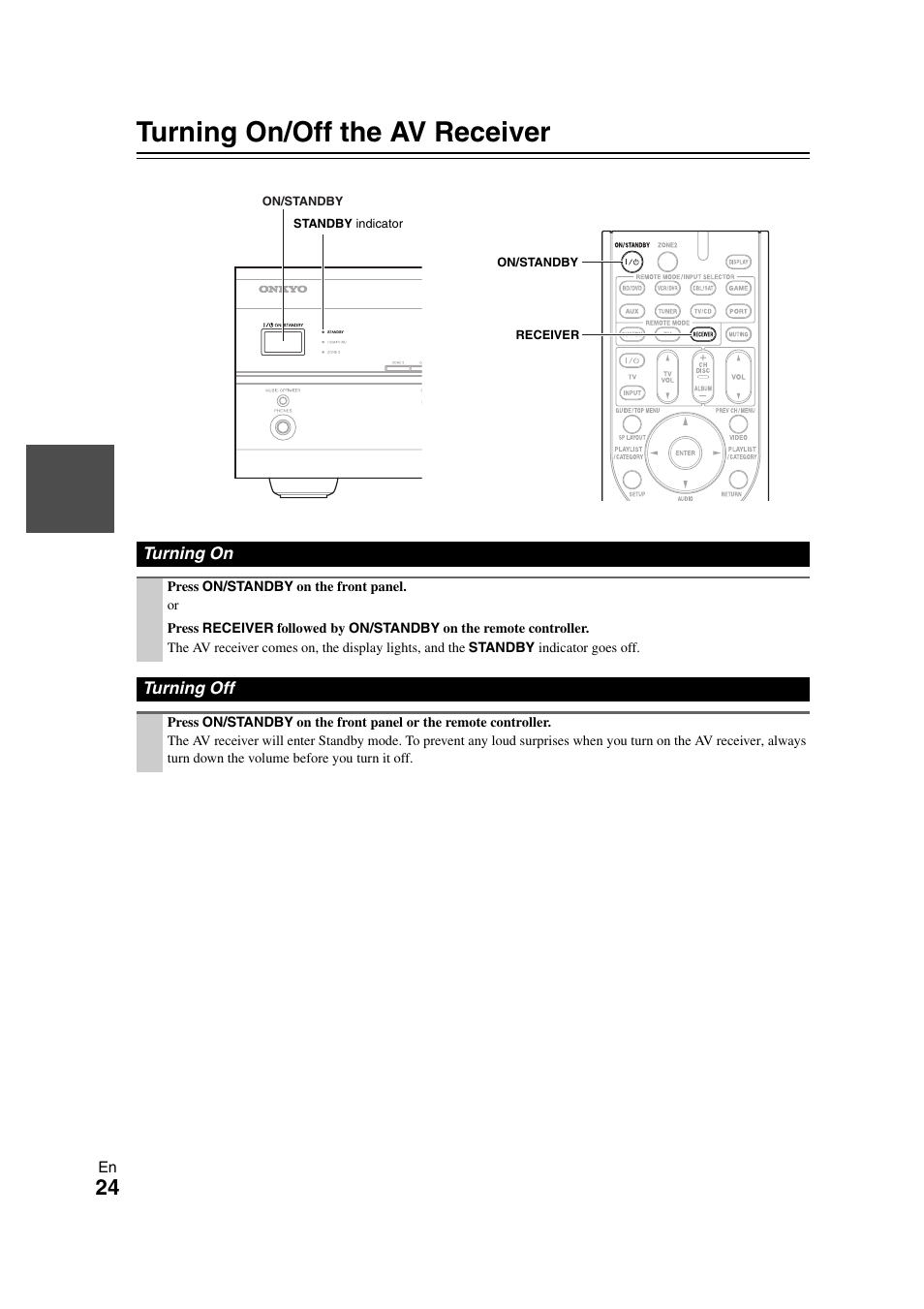 Turning on & basic operations, Turning on/off the av receiver, Tton | Onkyo HT-S7300 User Manual | Page 24 / 76