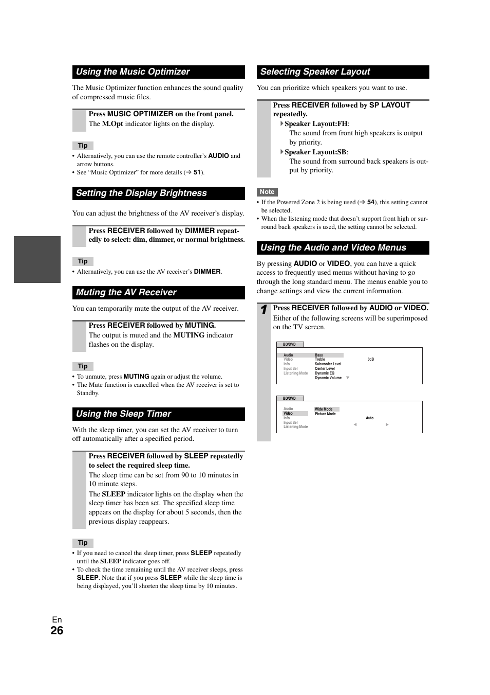 Tton, Using the music optimizer, Setting the display brightness | Muting the av receiver, Using the sleep timer, Selecting speaker layout, Using the audio and video menus | Onkyo HT-S7300 User Manual | Page 26 / 76