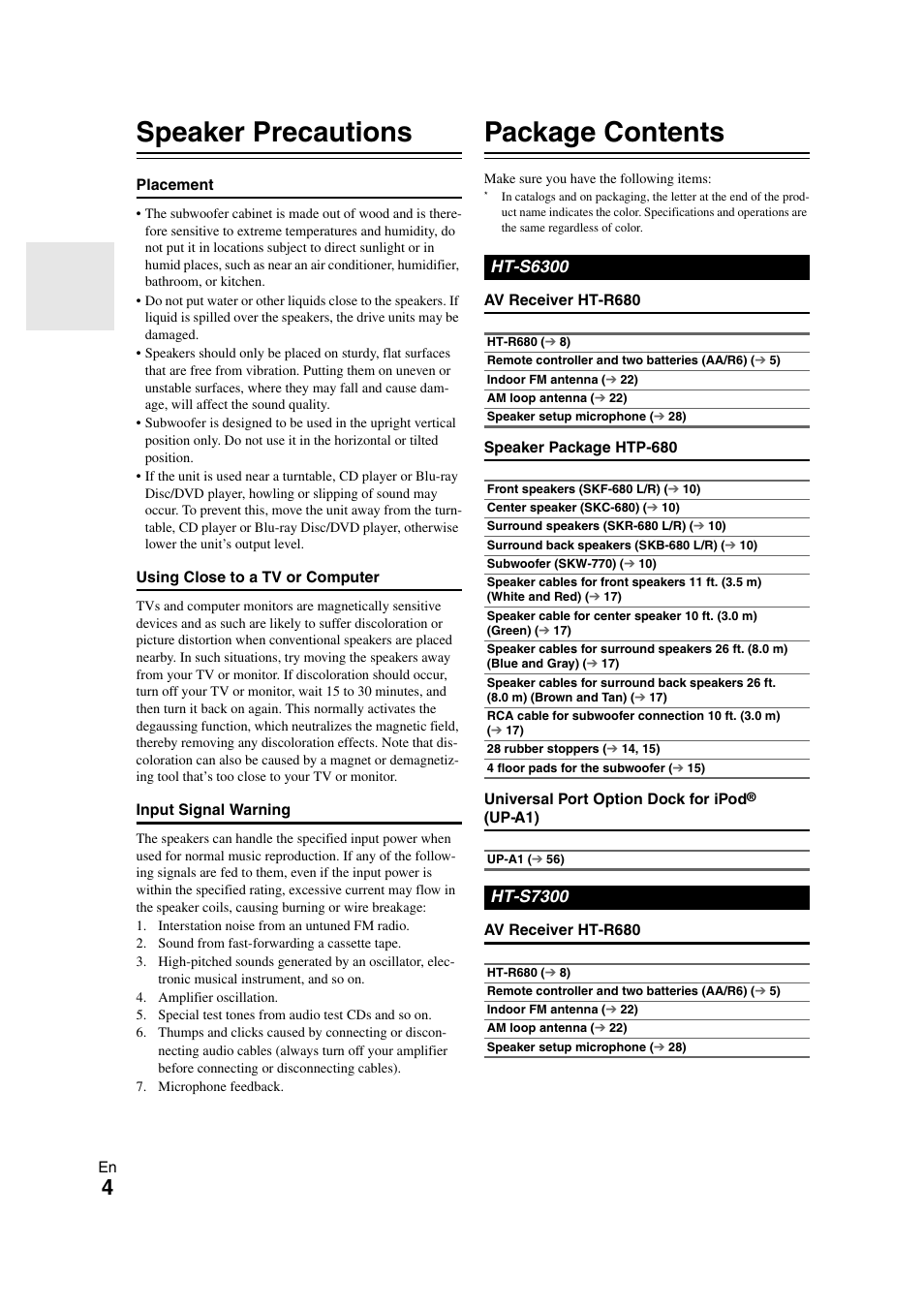 Speaker precautions, Package contents, Ht-s6300 | Ht-s7300 | Onkyo HT-S7300 User Manual | Page 4 / 76