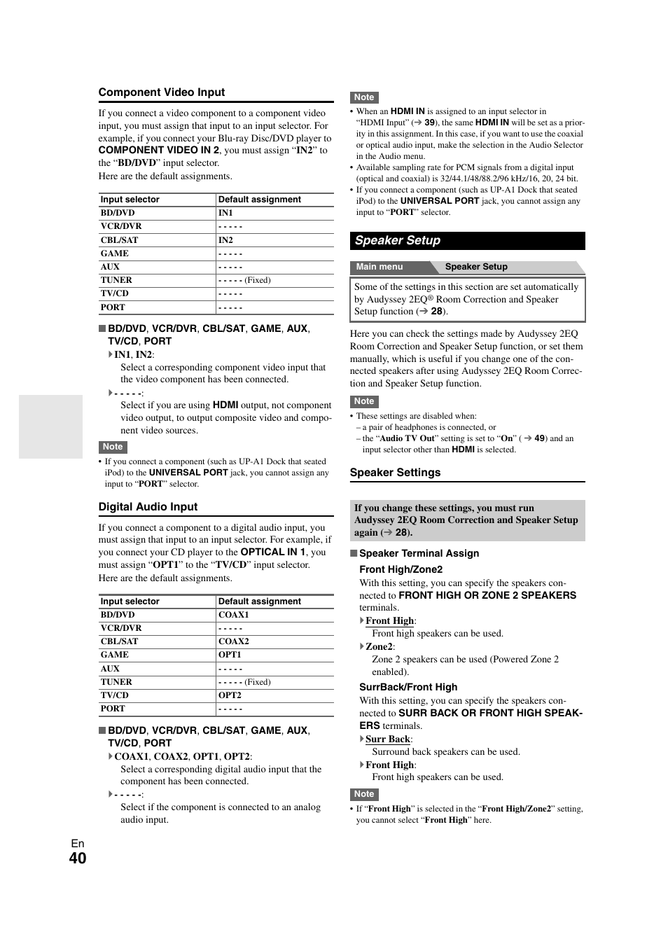 Changed, Component video input, A priority in the “digital audio input | 40 ). i, Speaker setup | Onkyo HT-S7300 User Manual | Page 40 / 76