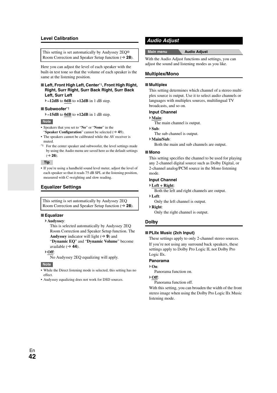 Level calibration, Equalizer settings | Onkyo HT-S7300 User Manual | Page 42 / 76