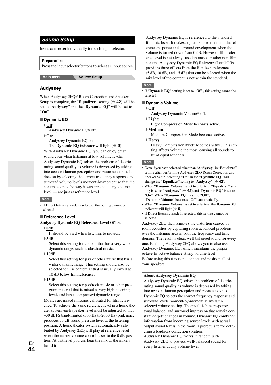 Audyssey, Source setup | Onkyo HT-S7300 User Manual | Page 44 / 76