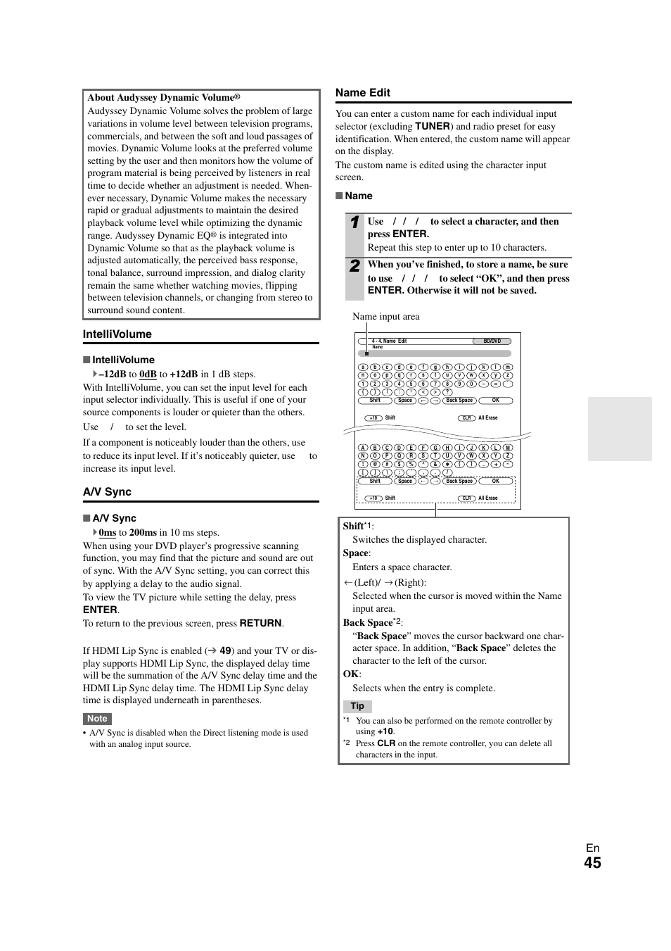 In “name edit, Om name in “name edit, En intellivolume | A/v sync, Name edit, Name input area shift | Onkyo HT-S7300 User Manual | Page 45 / 76