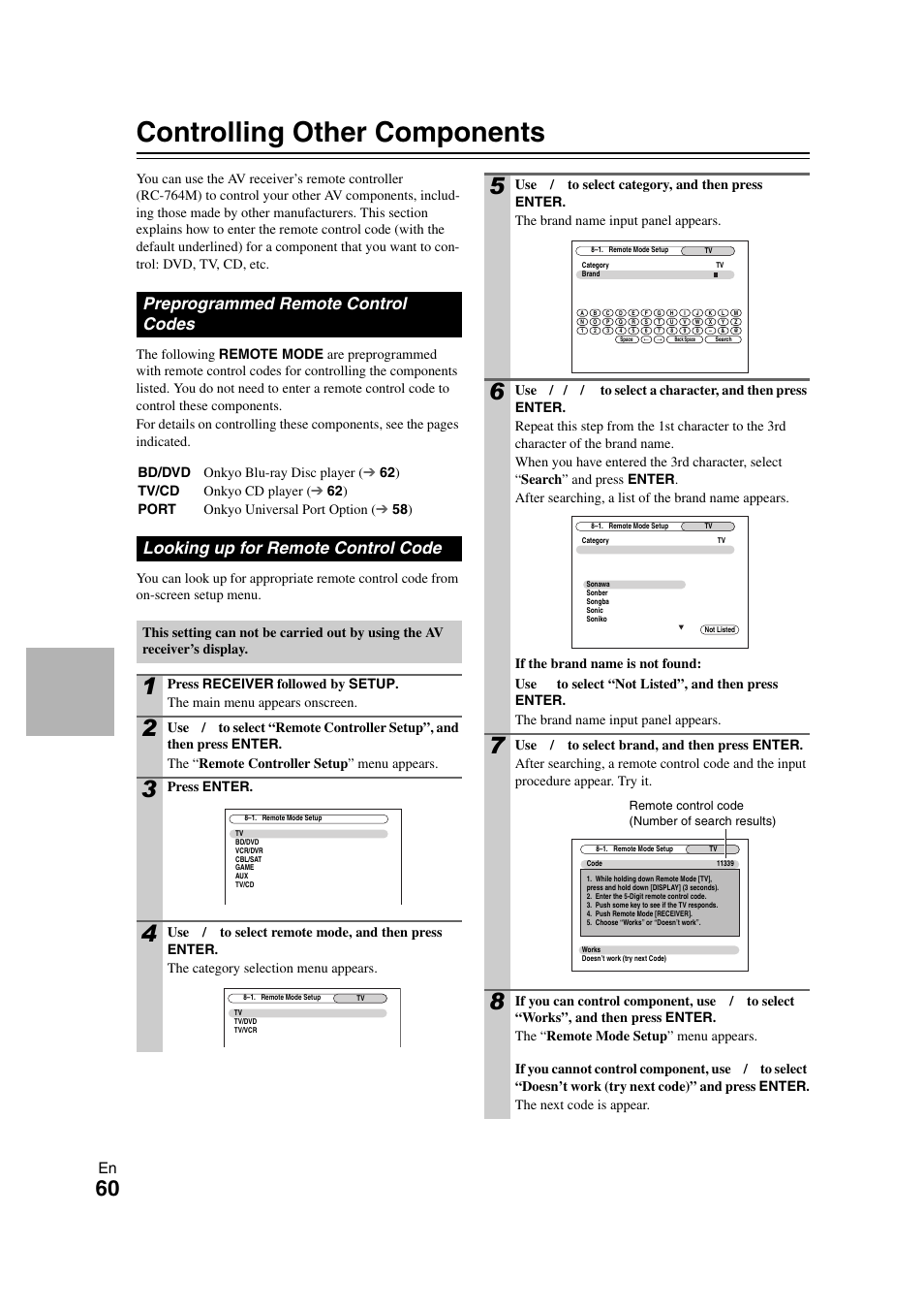 Controlling other components, Controlling ipod, Preprogrammed remote control codes | Looking up for remote control code | Onkyo HT-S7300 User Manual | Page 60 / 76